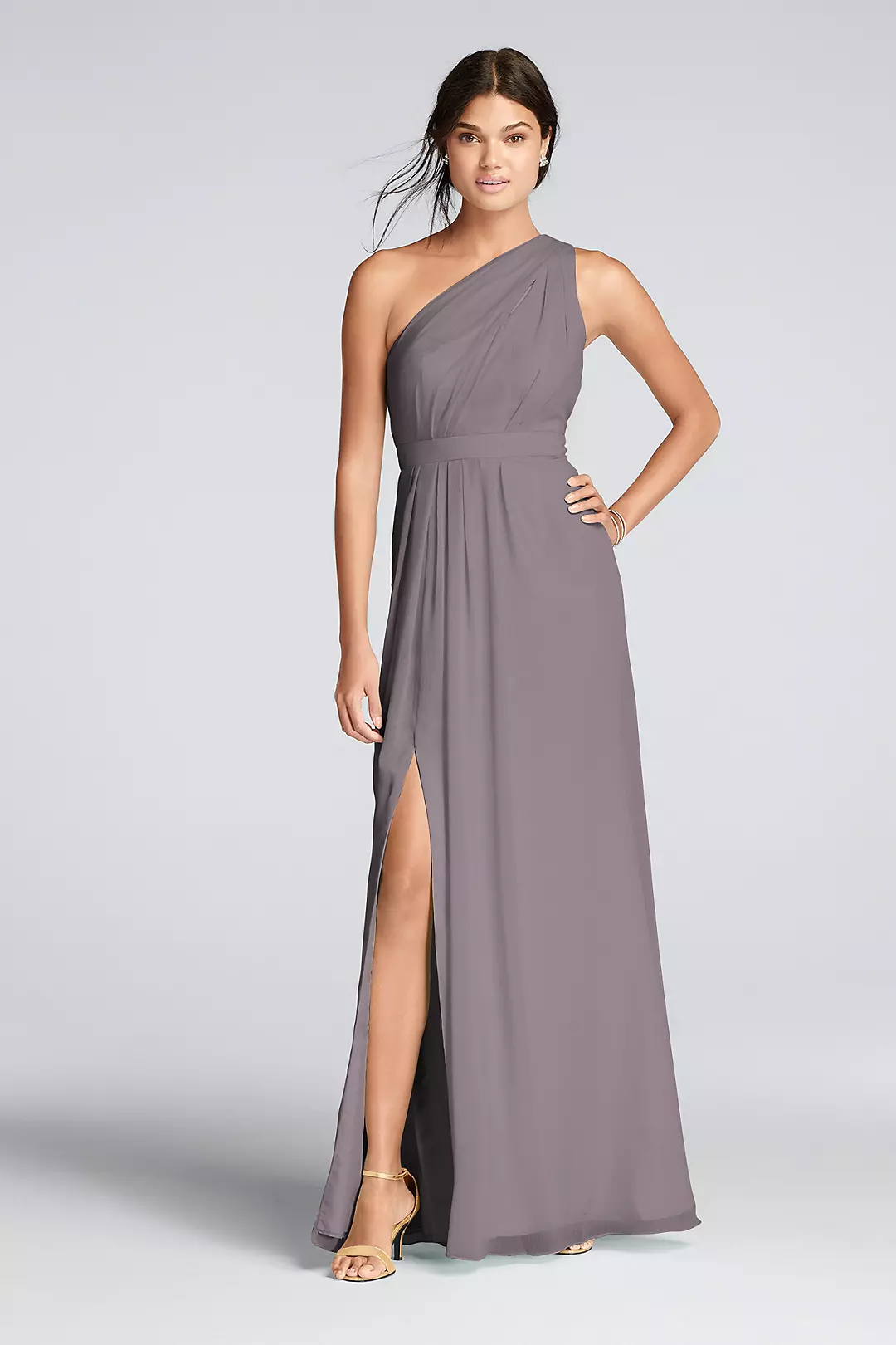 Long One-Shoulder Crinkle Chiffon Dress - Image 64