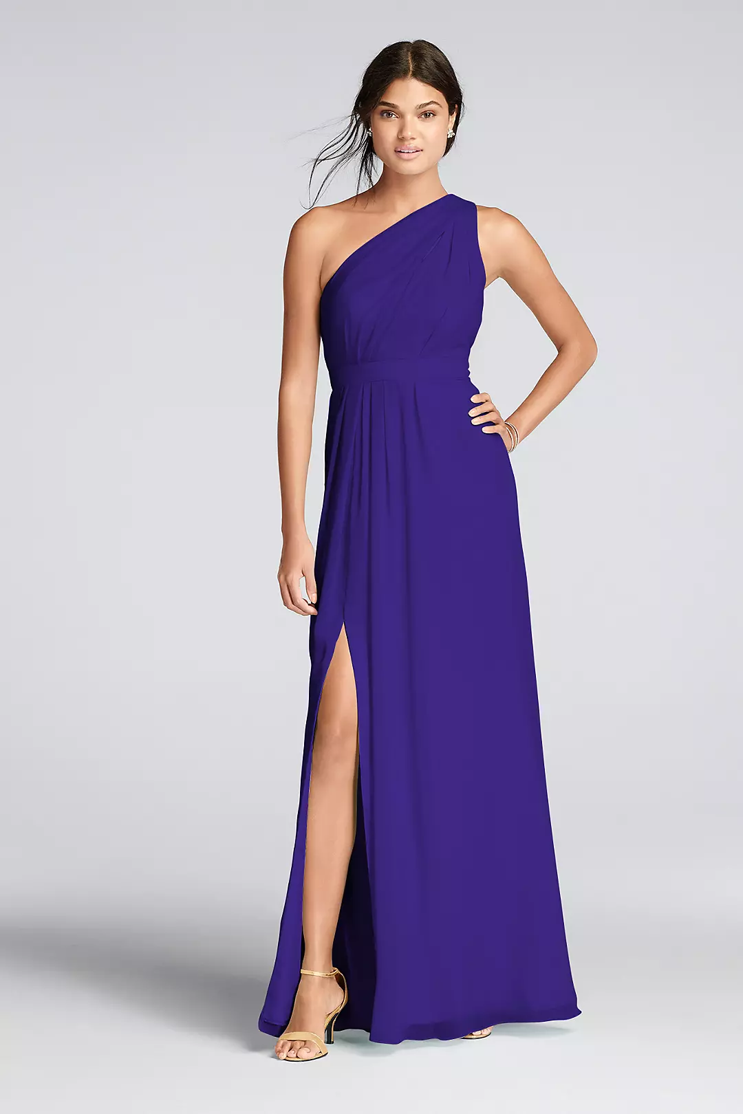 Long One-Shoulder Crinkle Chiffon Dress - Image 65