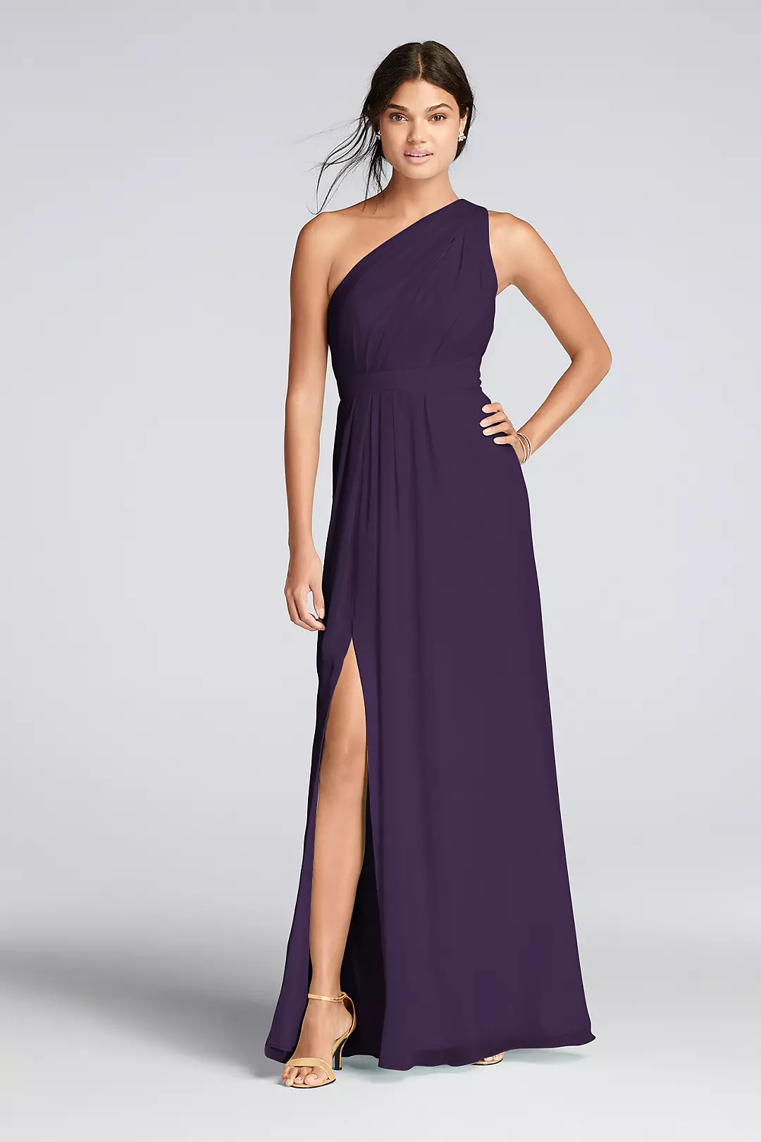 Long One-Shoulder Crinkle Chiffon Dress - Image 67