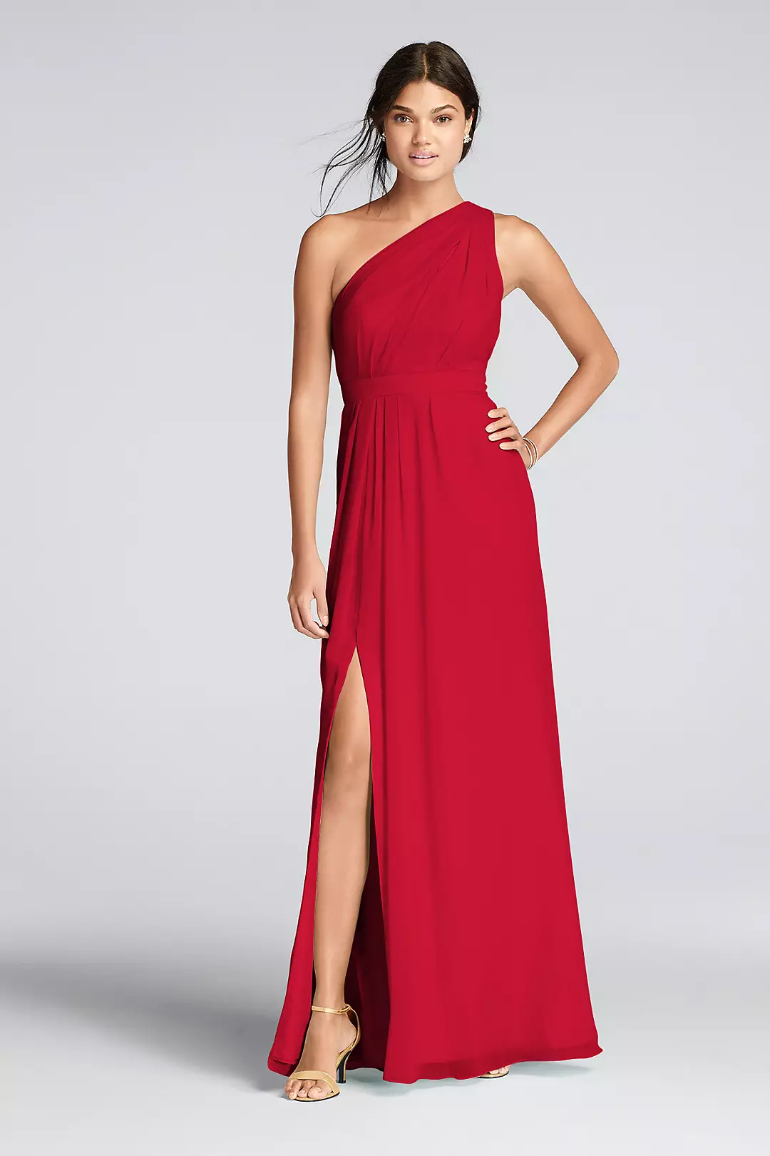 Long One-Shoulder Crinkle Chiffon Dress - Image 73