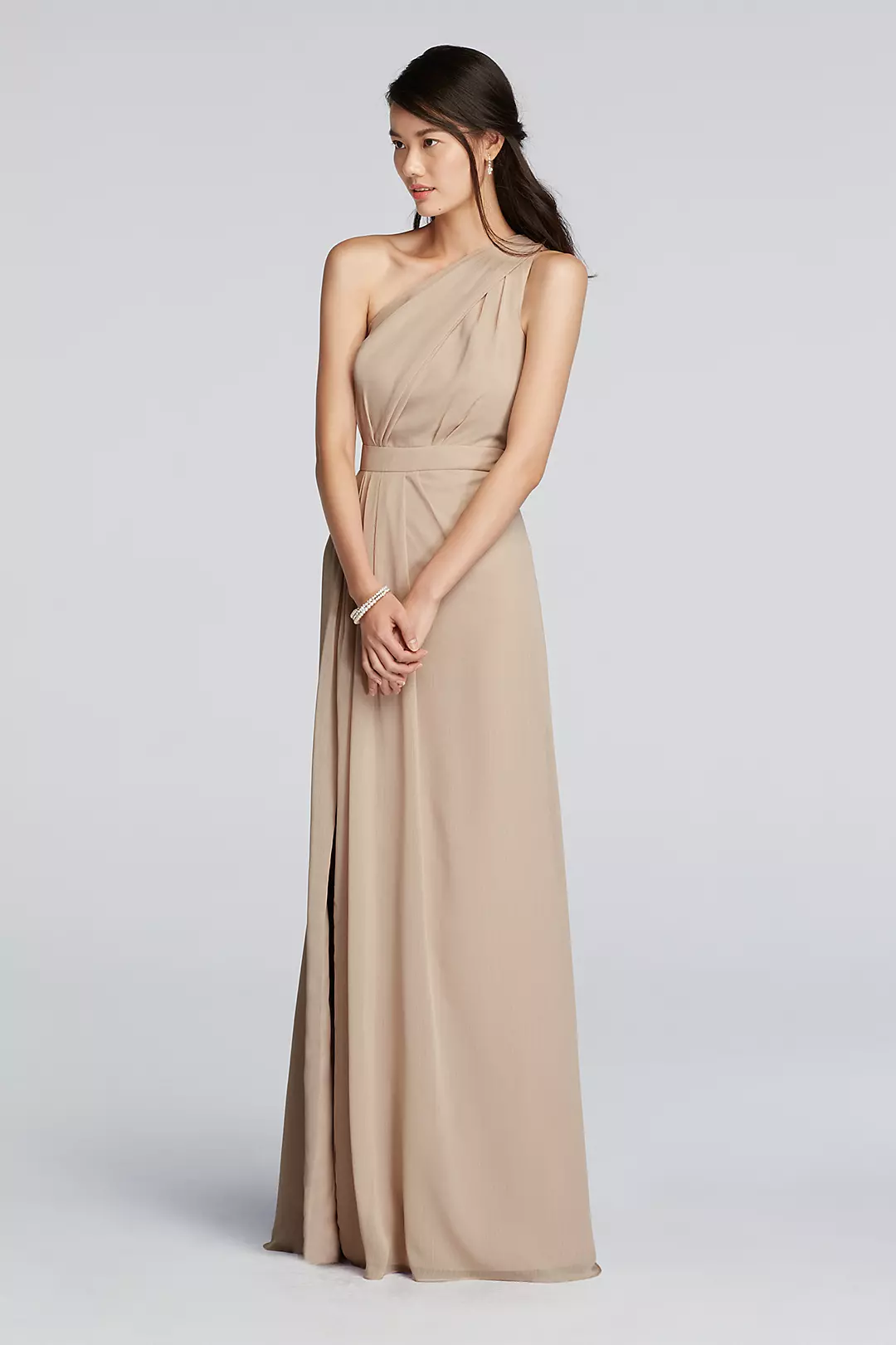 Long One-Shoulder Crinkle Chiffon Dress - Image 74