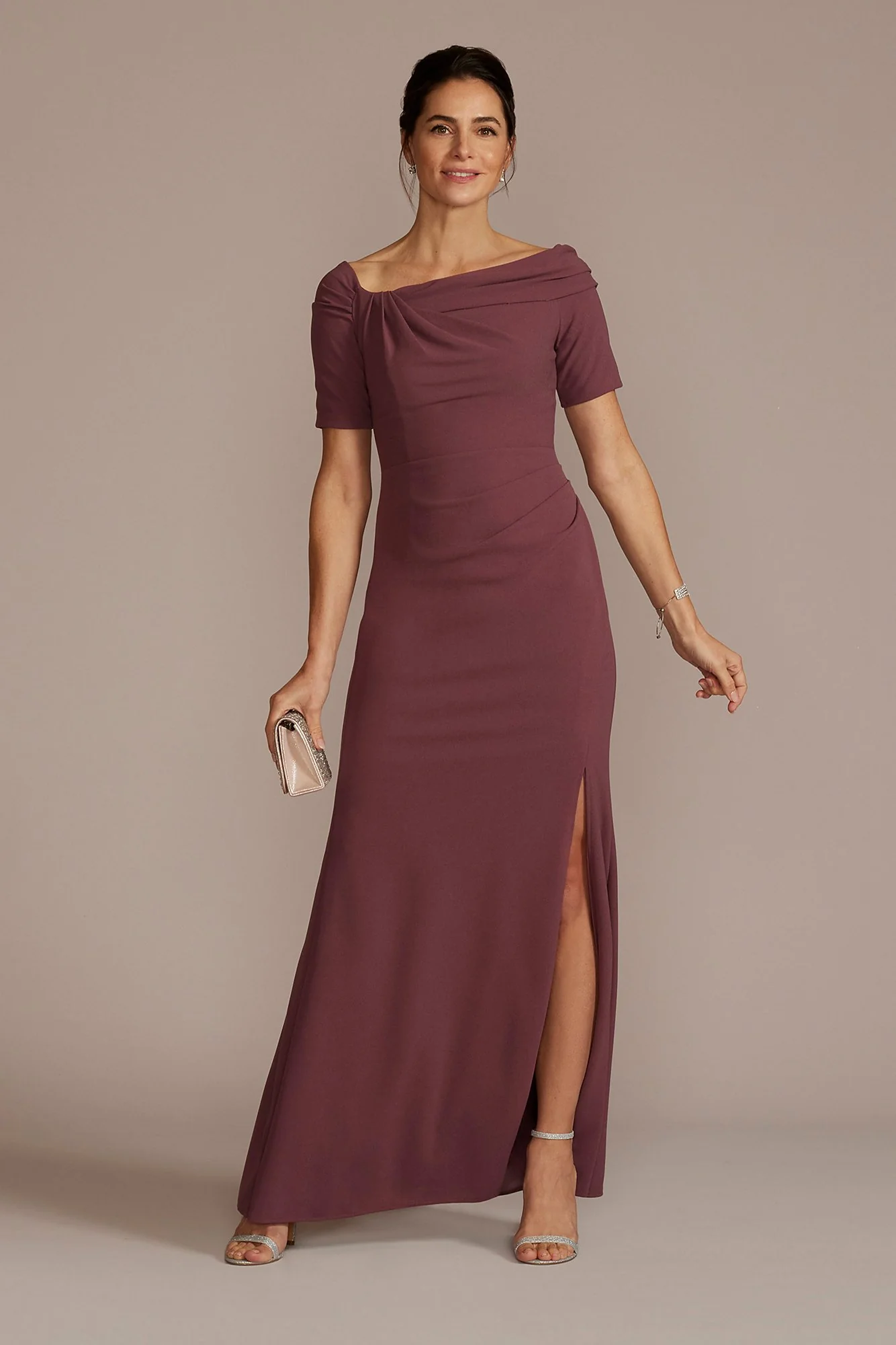 Long Crepe Off the Shoulder Sheath with Skirt Slit - Image 3