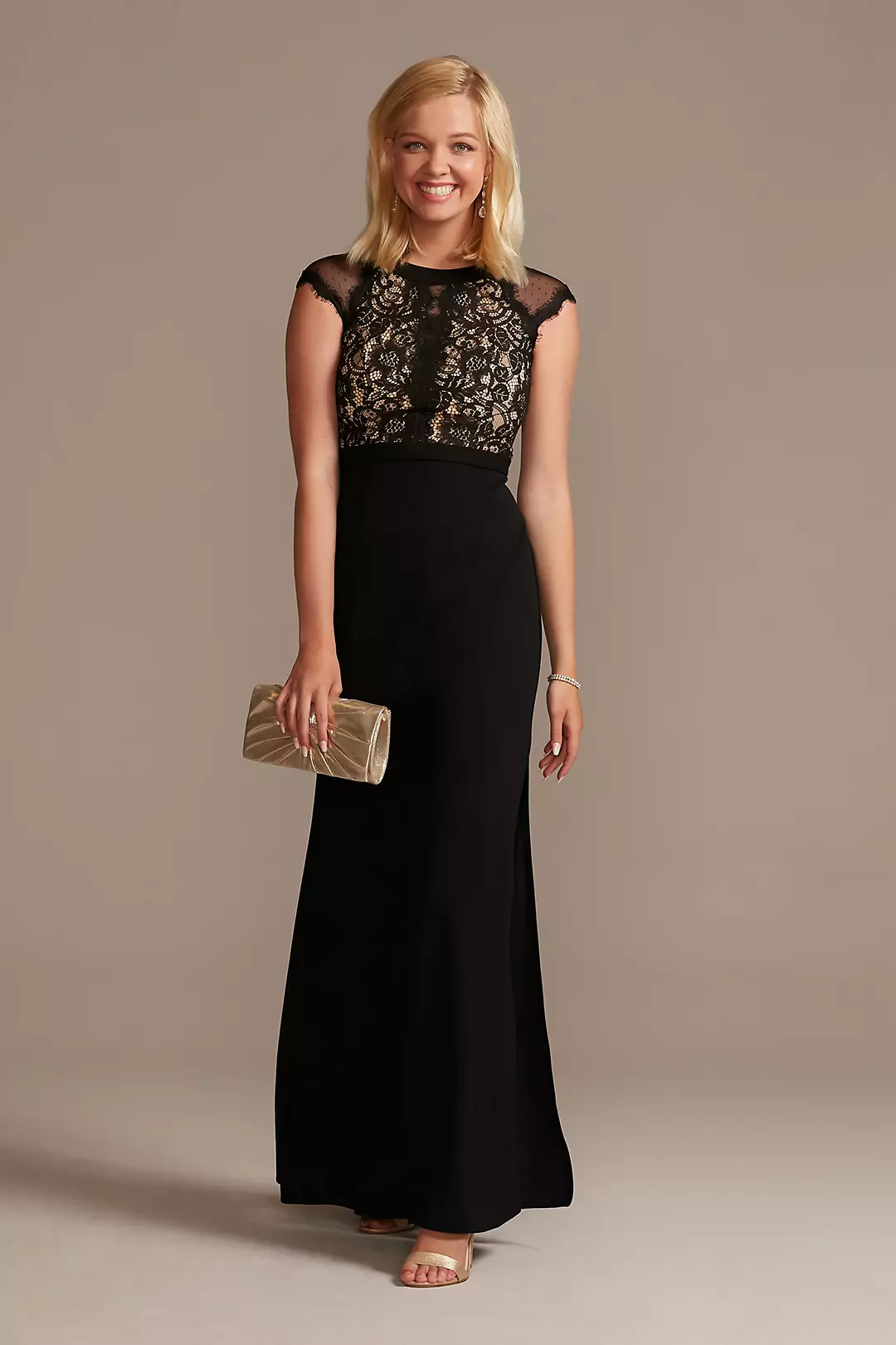 Long Crepe Sheath Gown with Lace Bodice - Image 3