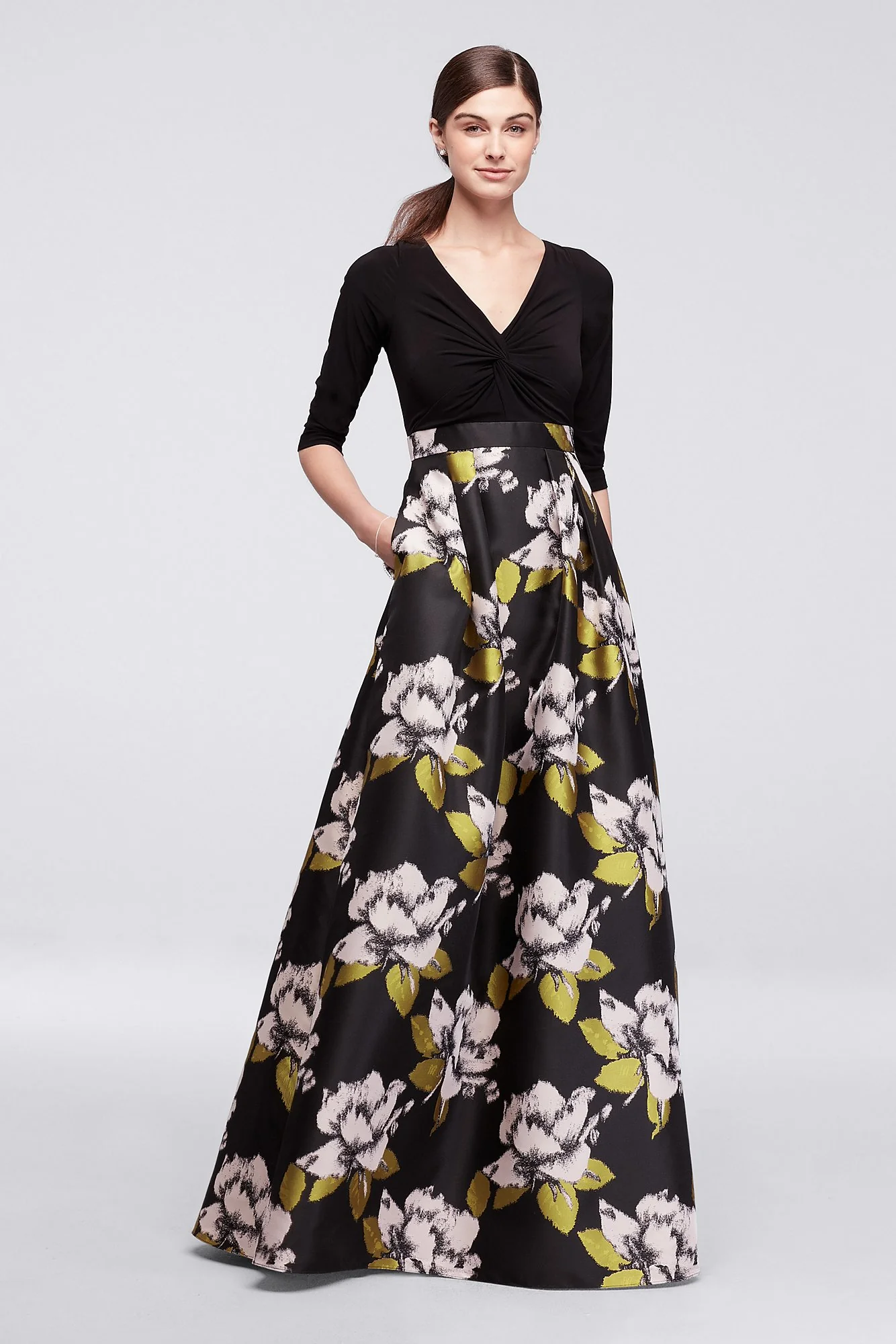 Long Dress with Bold Floral Skirt and 3/4 Sleeves