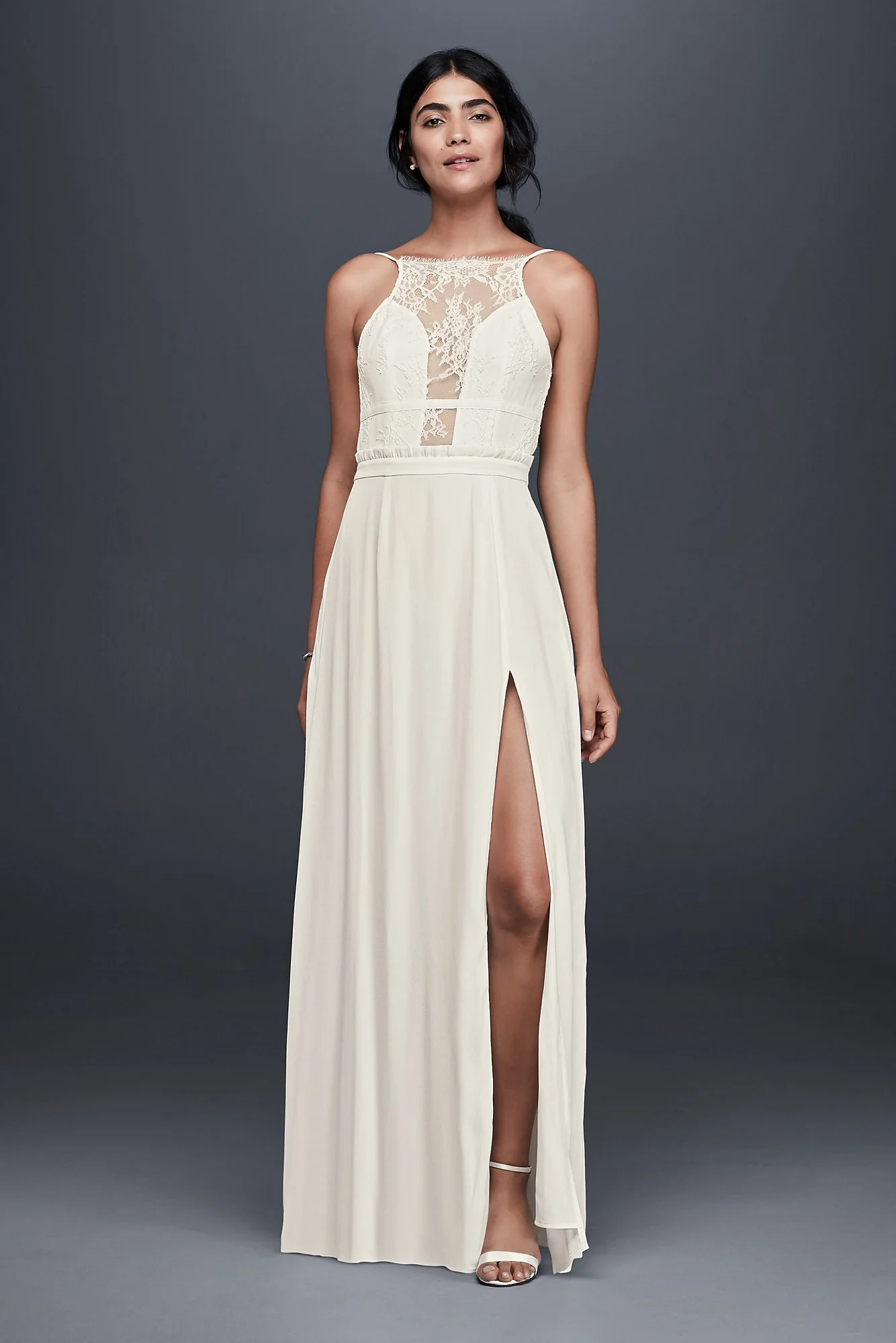 Long Dress with Illusion Lace Plunge Neckline - Image 2