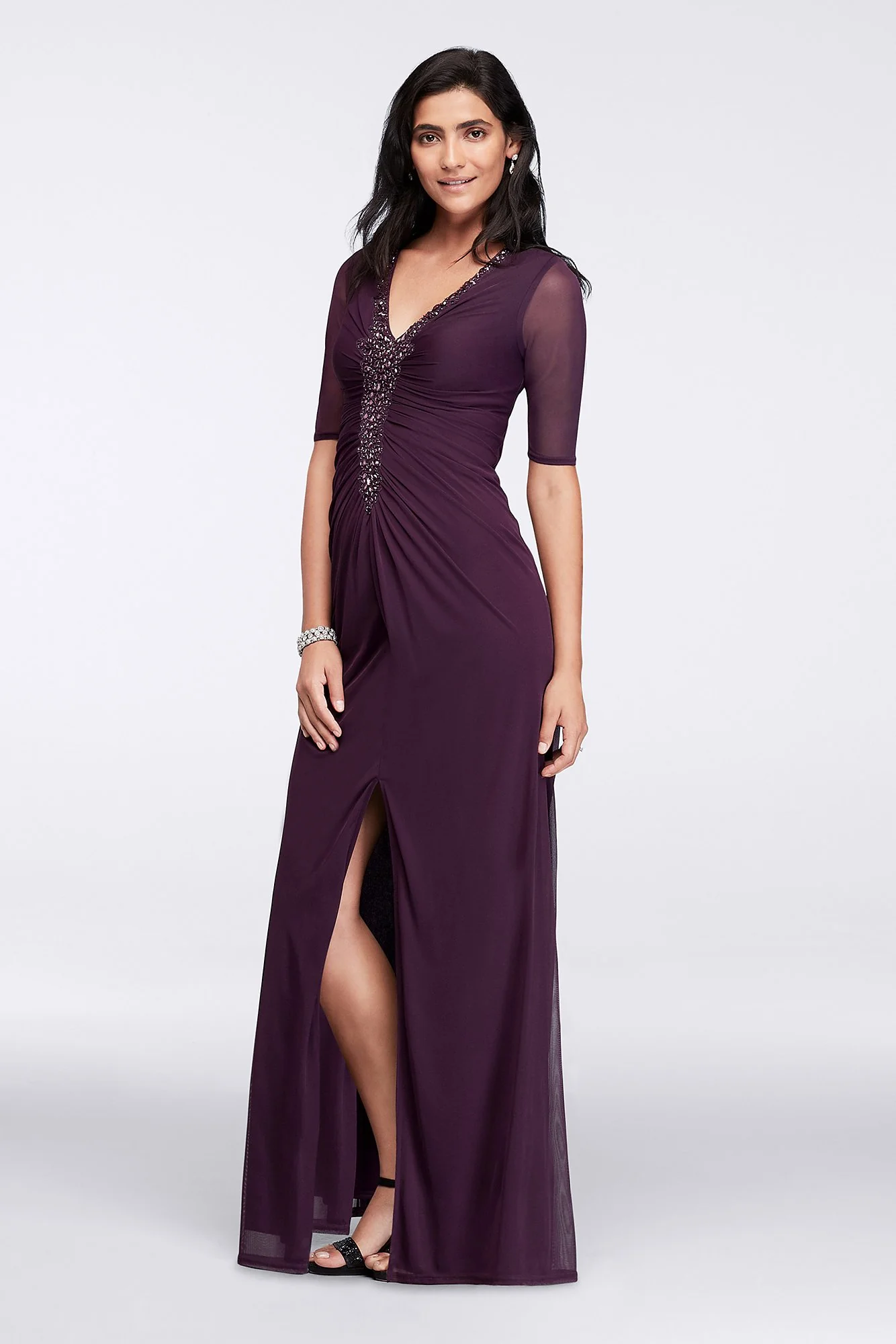 Long Dress with Illusion Sleeves and Ruched Bodice - Image 2