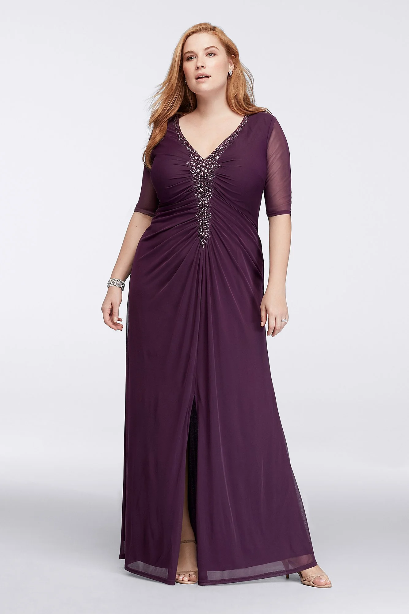 Long Dress with Illusion Sleeves and Ruched Bodice - Image 3