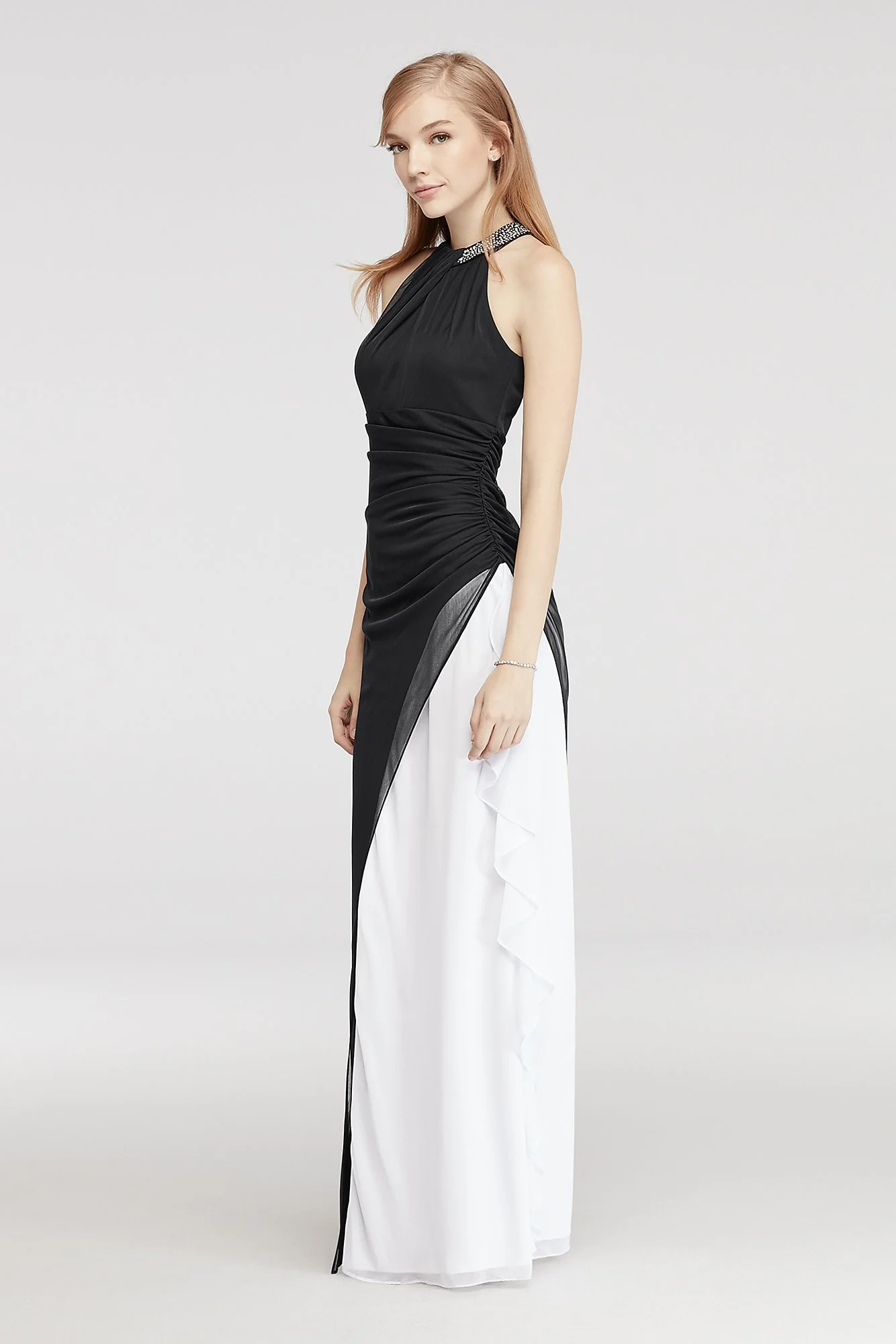 Long Embellished Halter Neck Mesh Dress