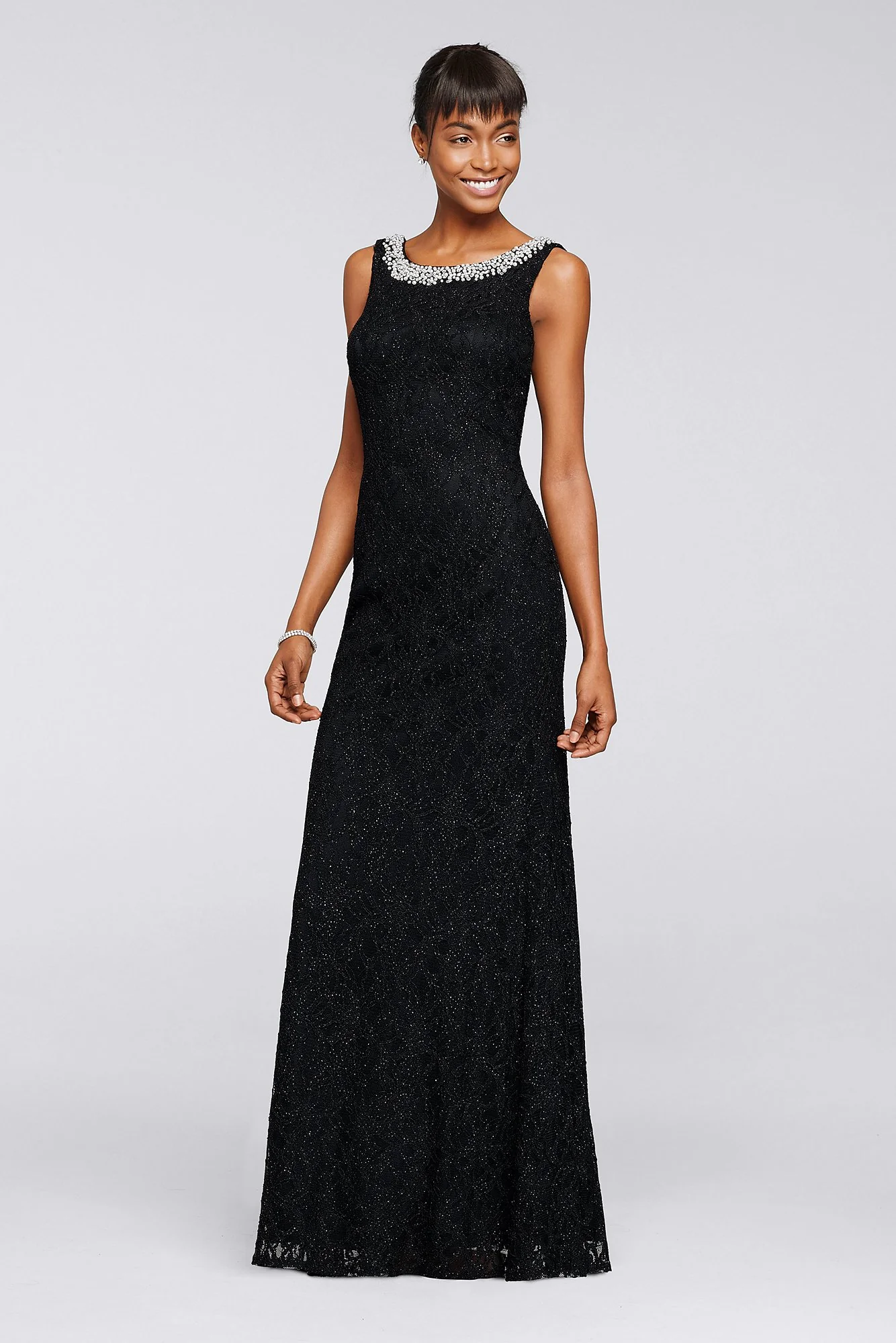 Long Glitter Lace Dress with Beaded Neckline - Image 2