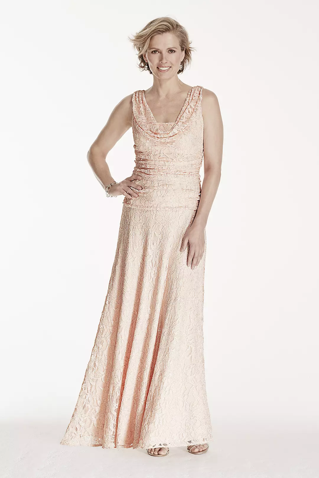 Long Glitter Lace Dress with Cowl Neckline - Image 2