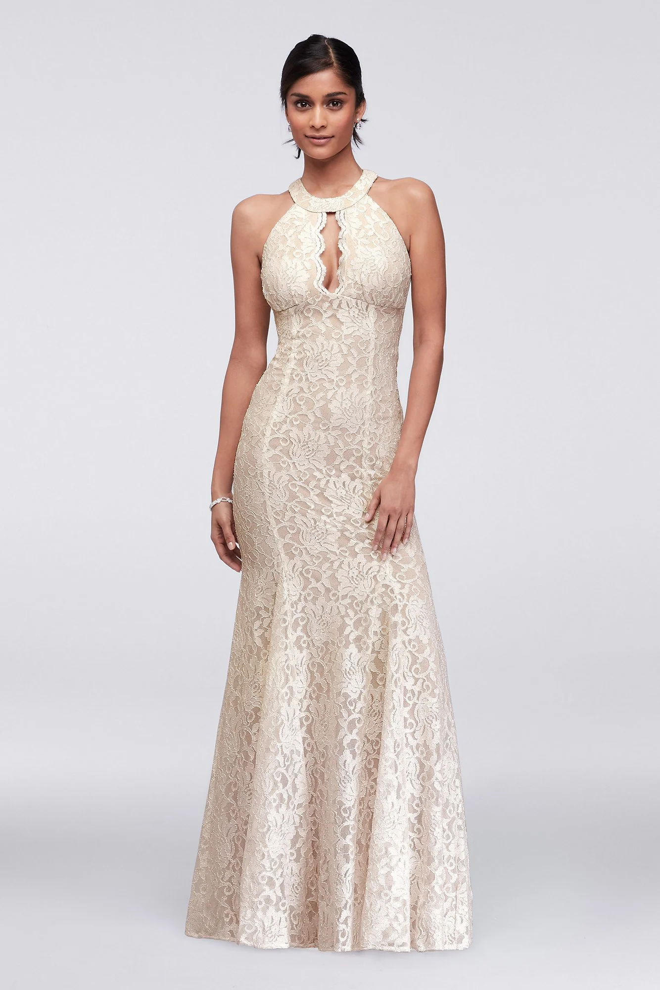 Long Glitter Lace Halter Dress with Keyhole Neck