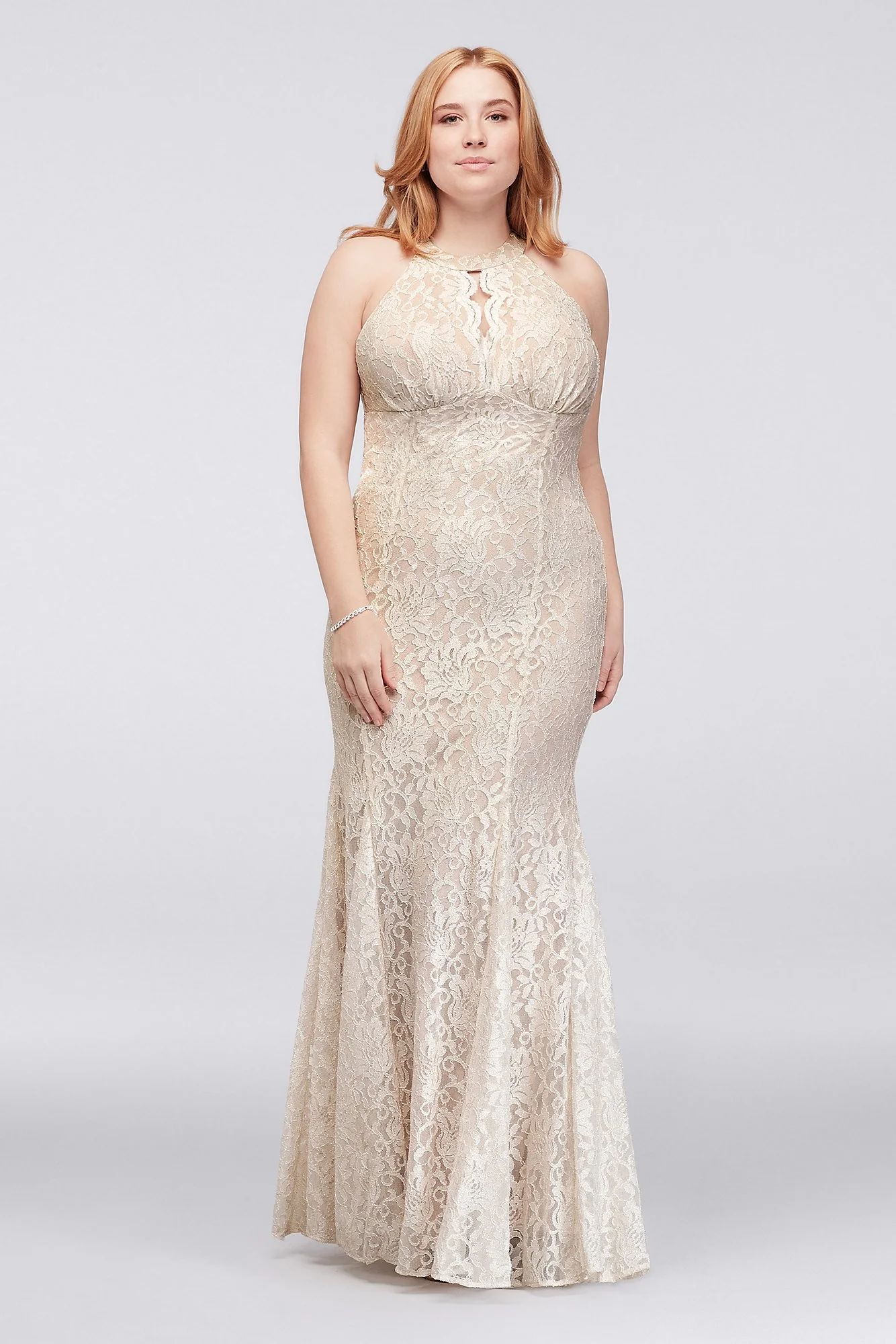 Long Glitter Lace Halter Dress with Keyhole Neck - Image 3