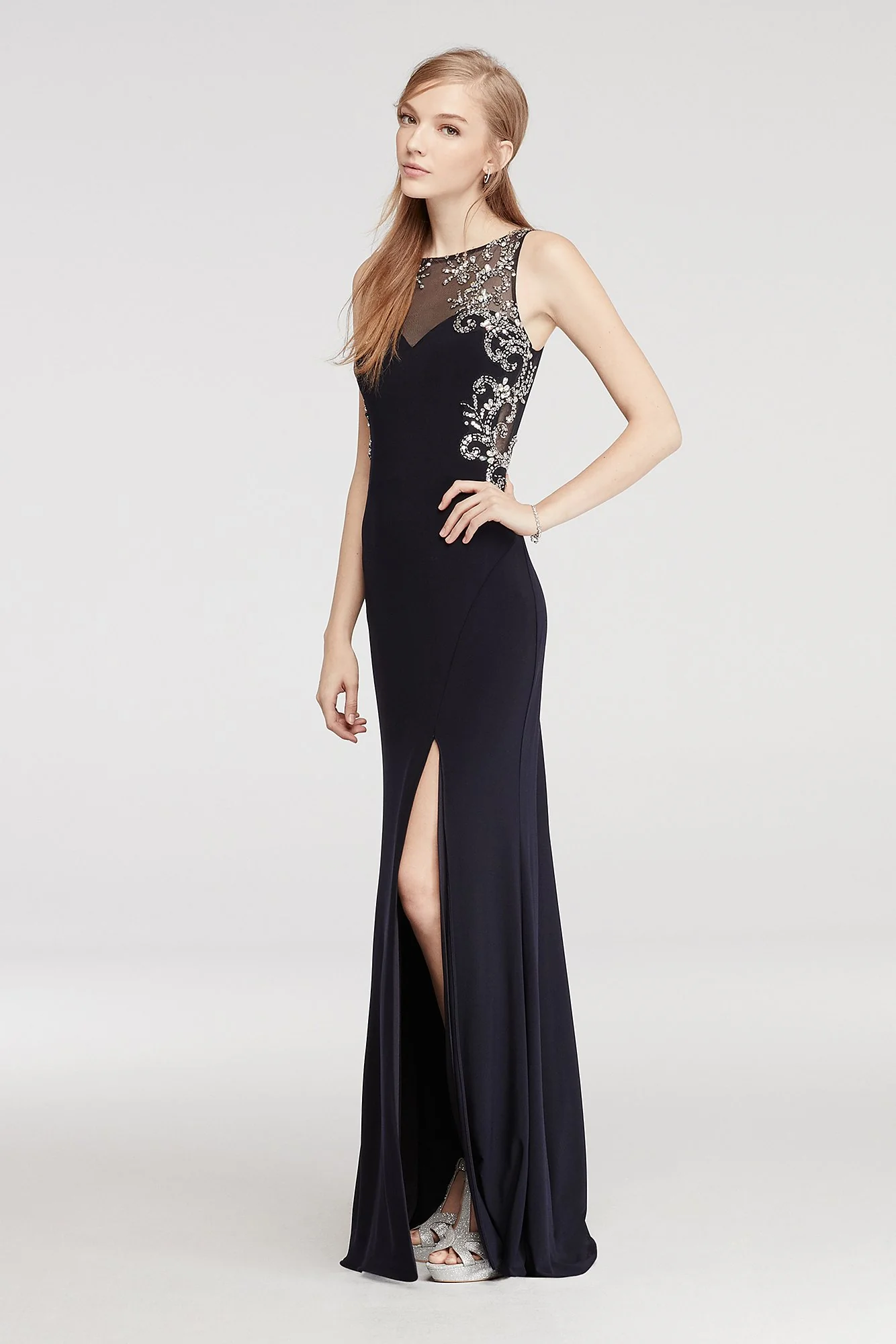 Long Jersey Prom Dress with Illusion Neck and Back - Image 2