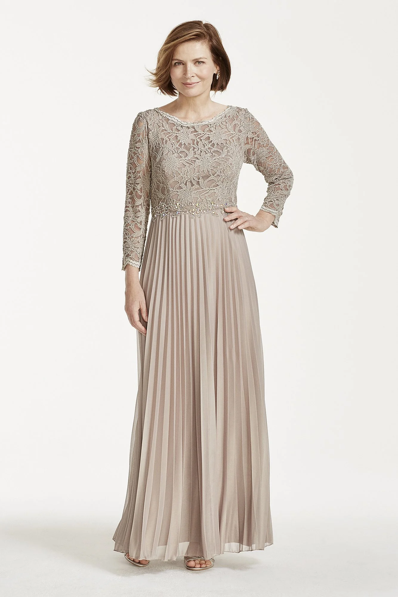 Long Lace and Chiffon Dress with Beaded Waist