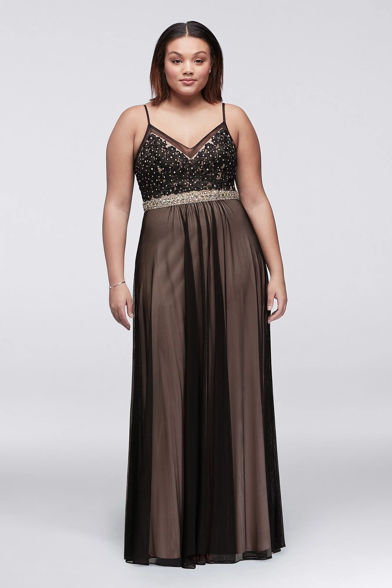 Long Lace and Mesh Dress with Beaded Waistband - Image 3