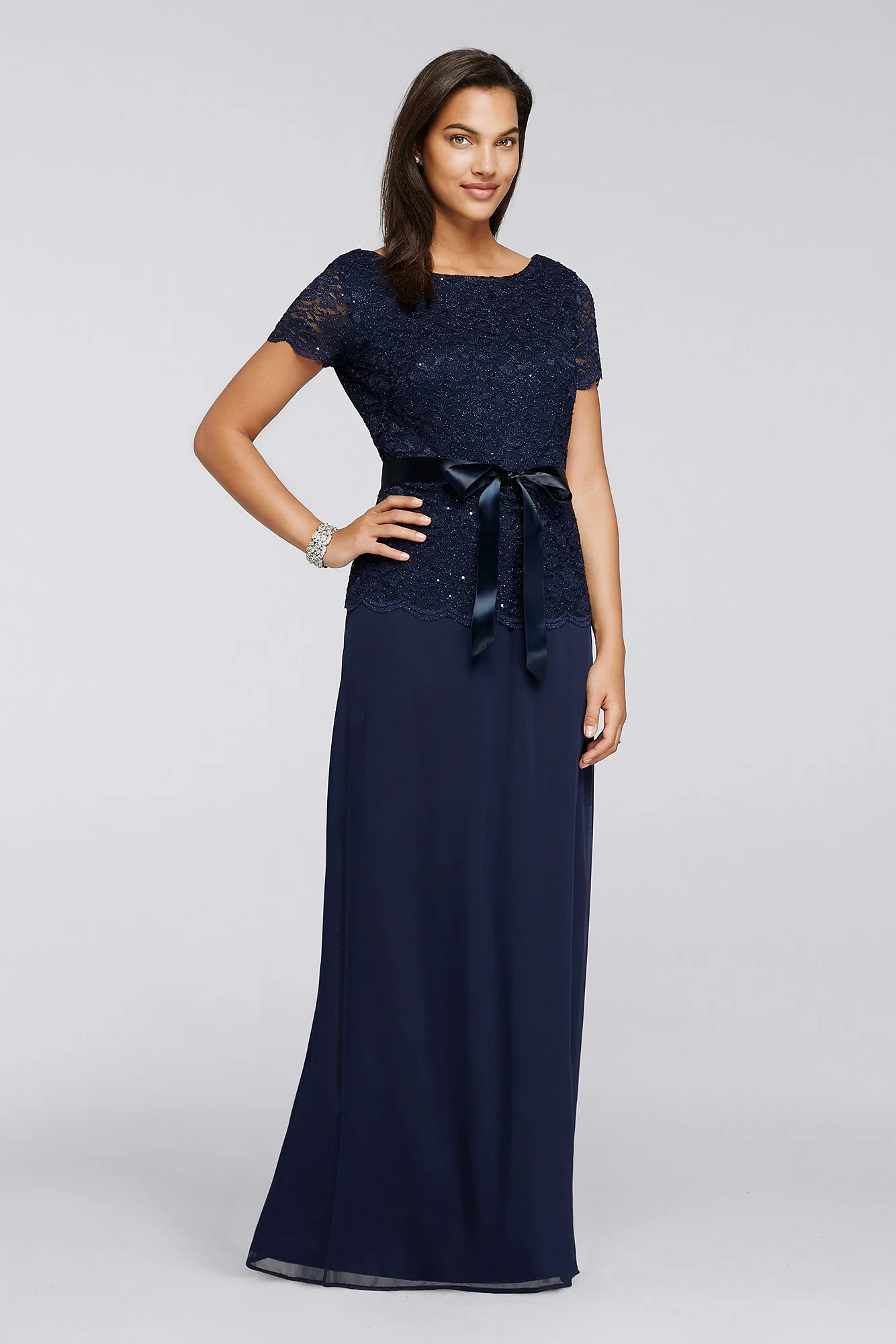 Long Lace Dress with Cap Sleeves and Cowl Back