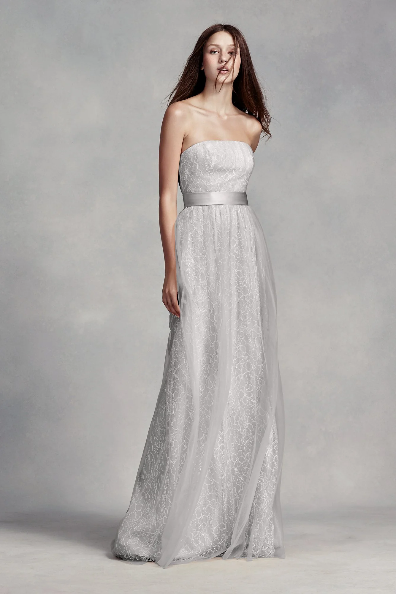 Long Lace Dress with Tulle Overlay and Satin Sash
