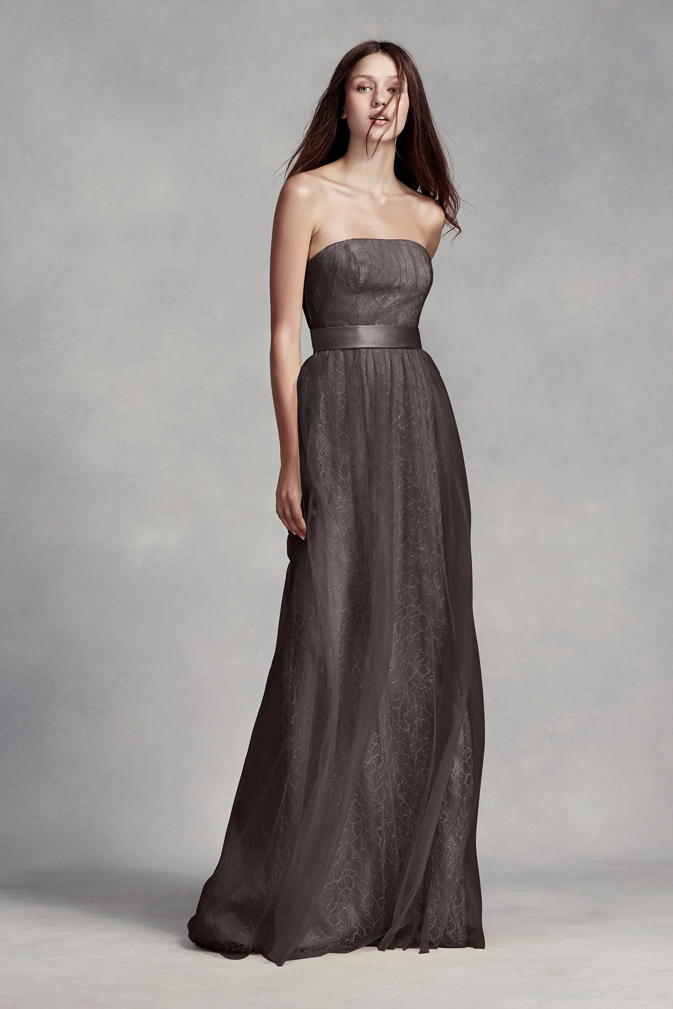Long Lace Dress with Tulle Overlay and Satin Sash - Image 2