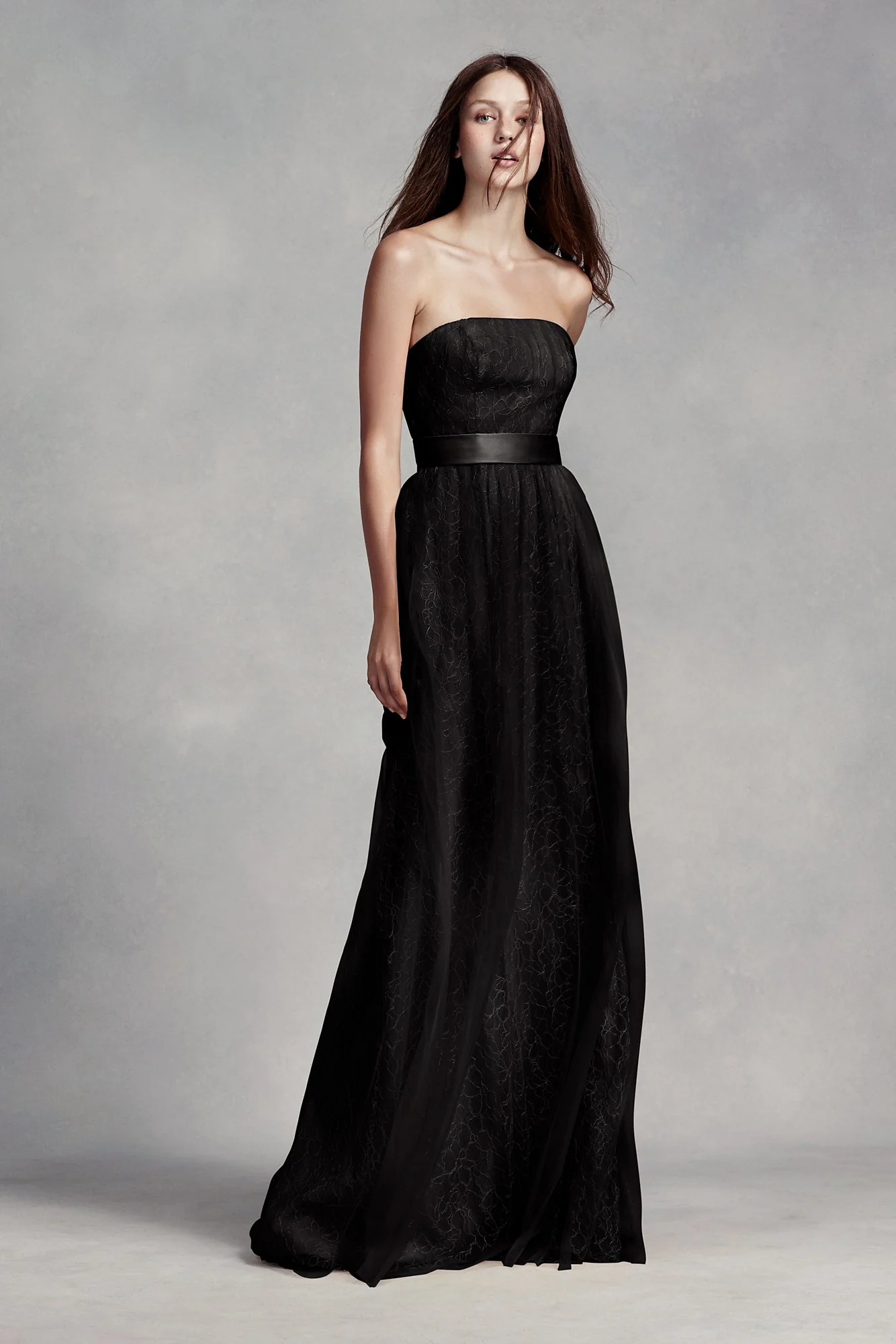 Long Lace Dress with Tulle Overlay and Satin Sash - Image 3
