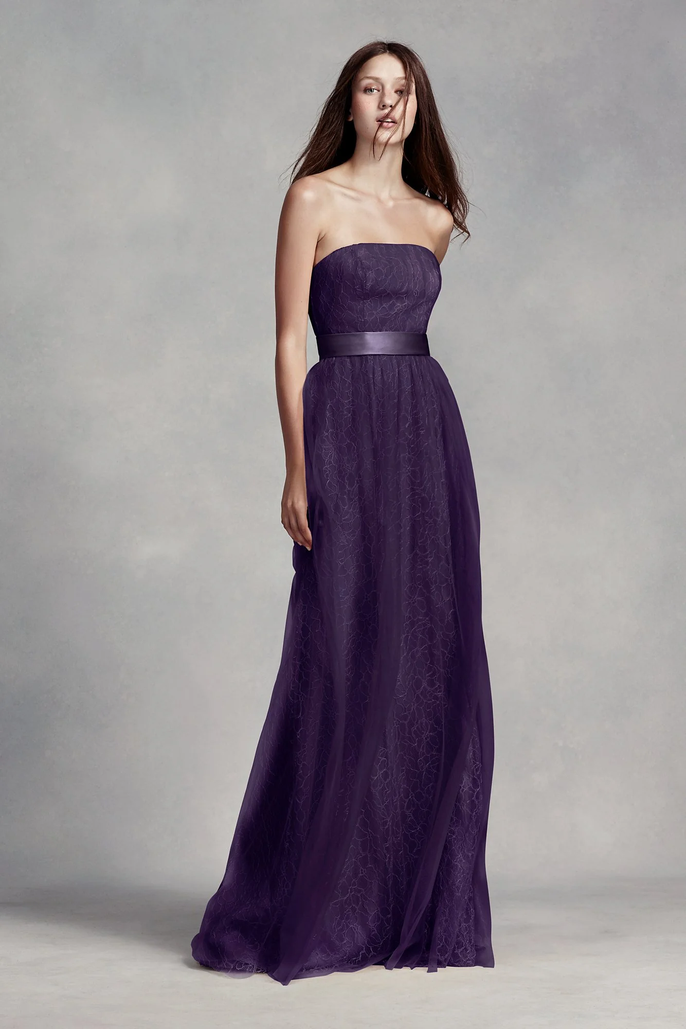 Long Lace Dress with Tulle Overlay and Satin Sash - Image 4