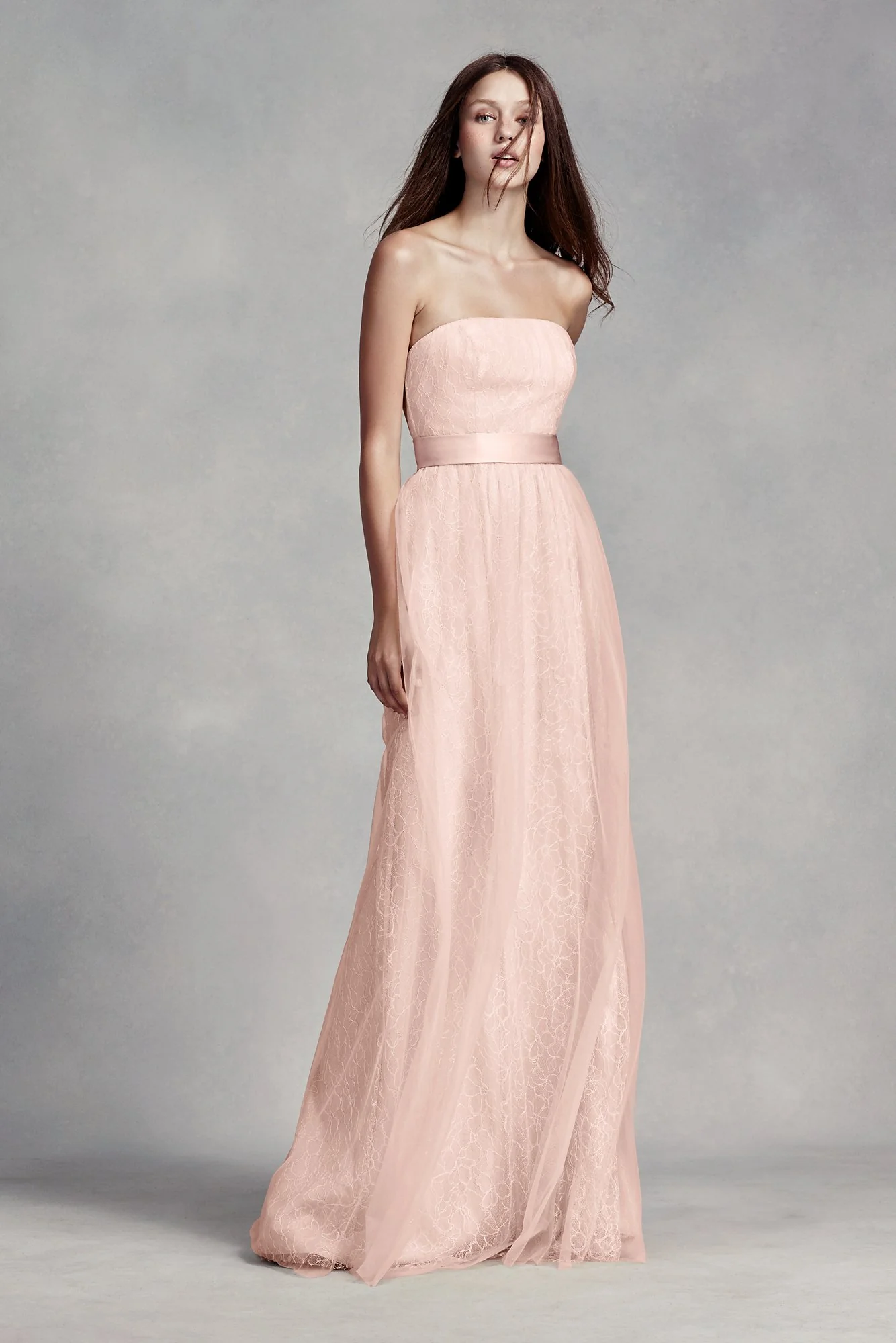 Long Lace Dress with Tulle Overlay and Satin Sash - Image 5