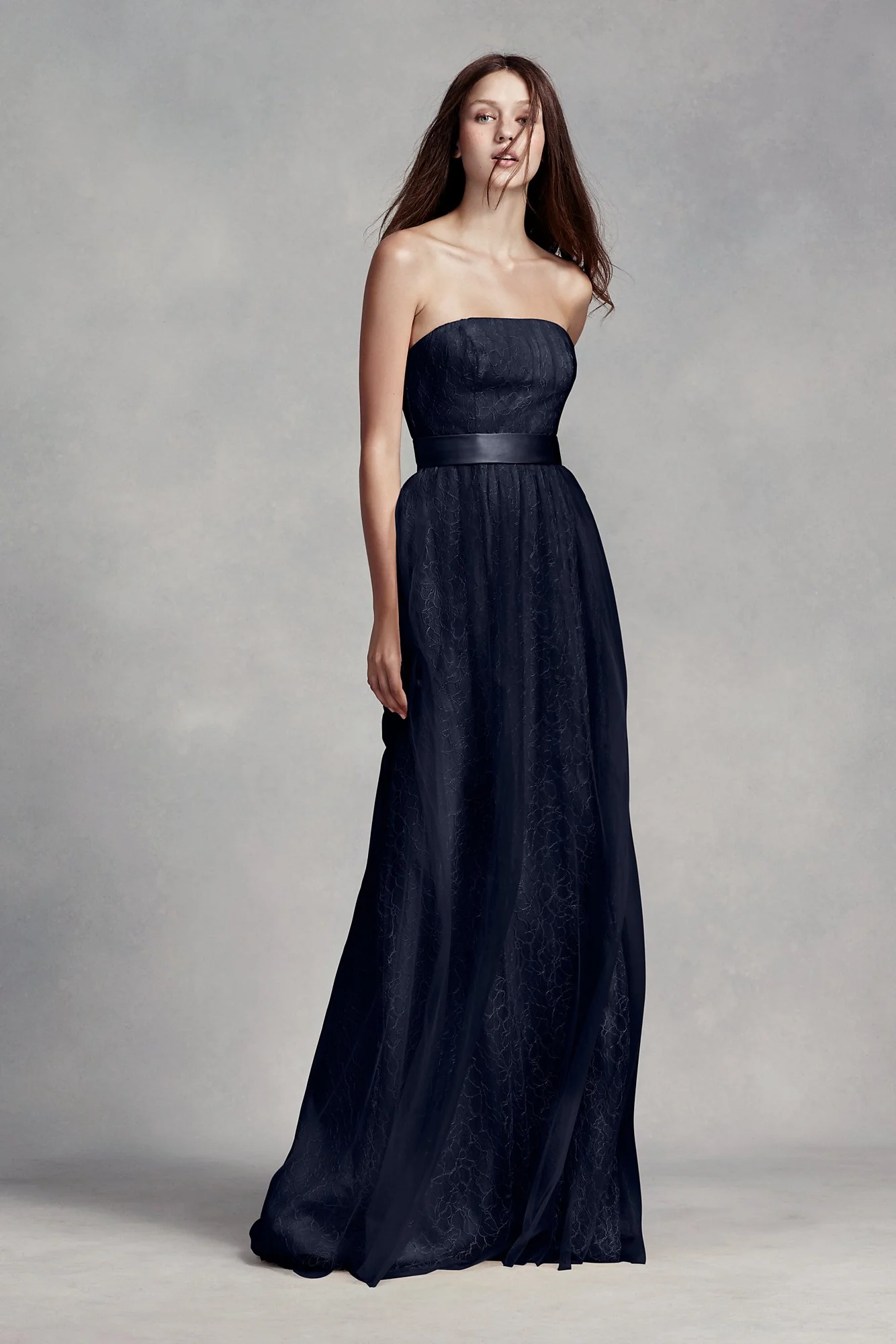 Long Lace Dress with Tulle Overlay and Satin Sash - Image 7