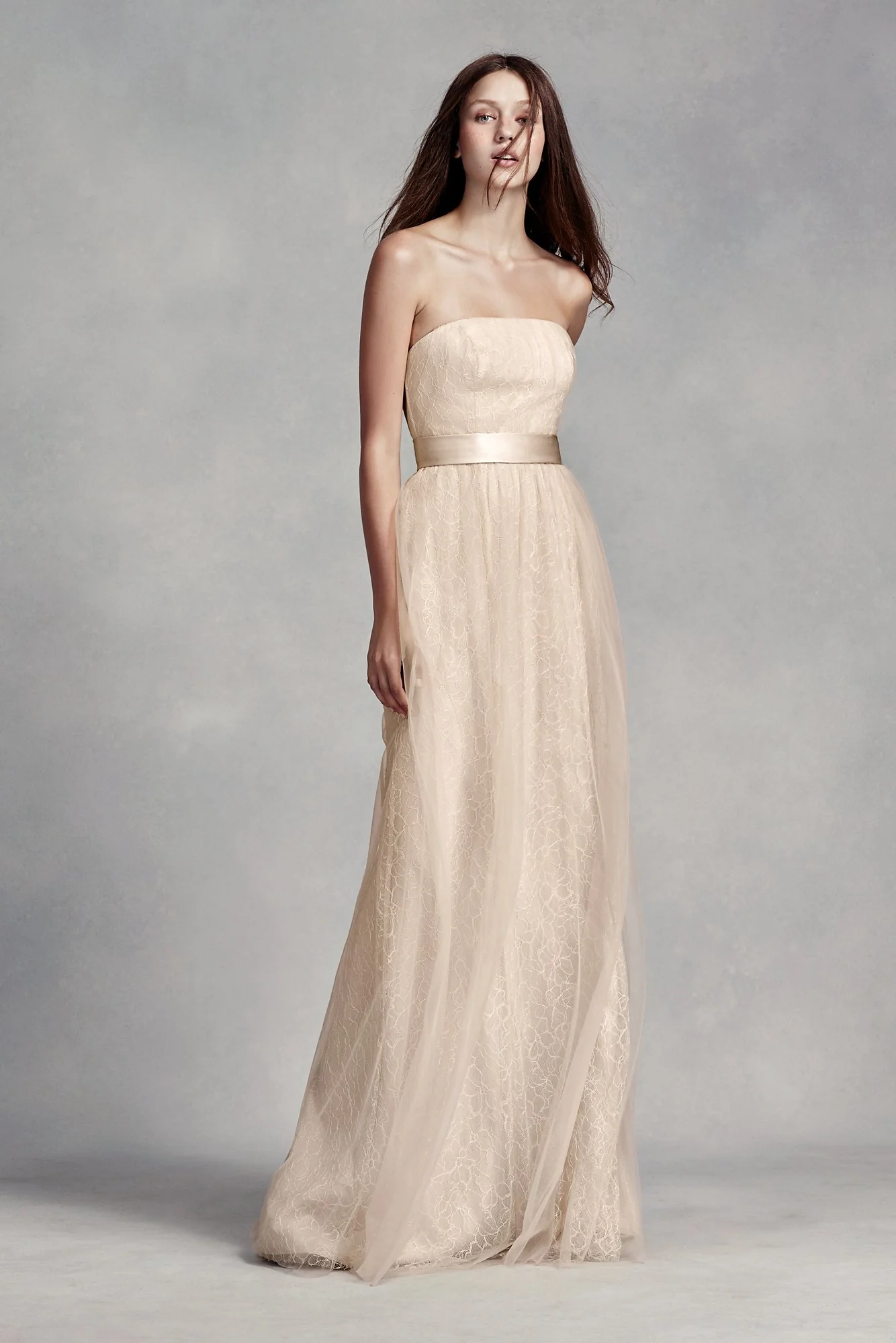 Long Lace Dress with Tulle Overlay and Satin Sash - Image 8