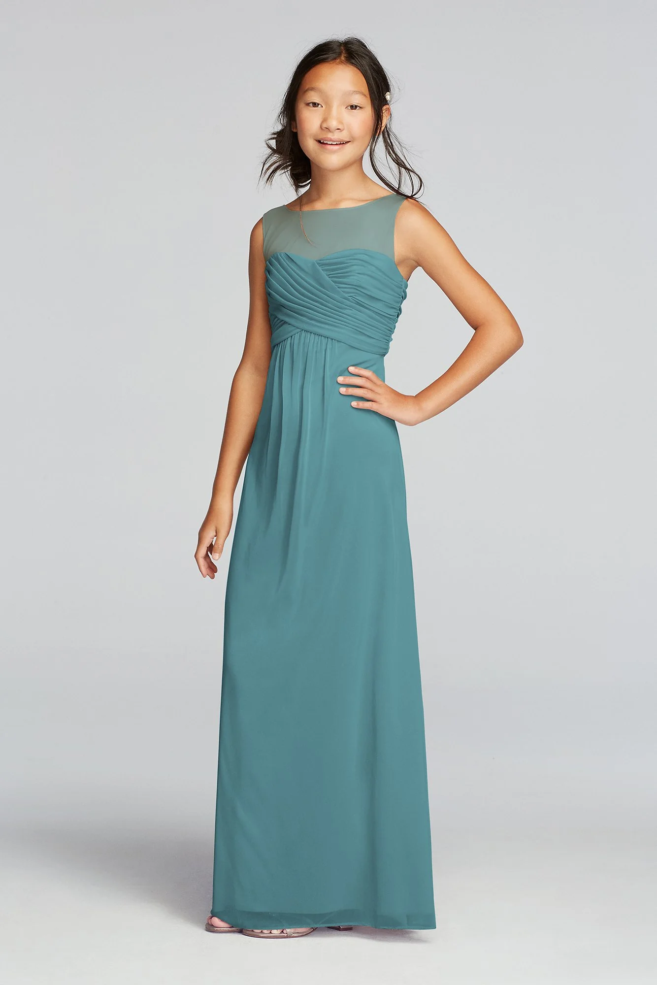 Long Mesh Dress with Illusion Tank Ruched Bodice - Image 27