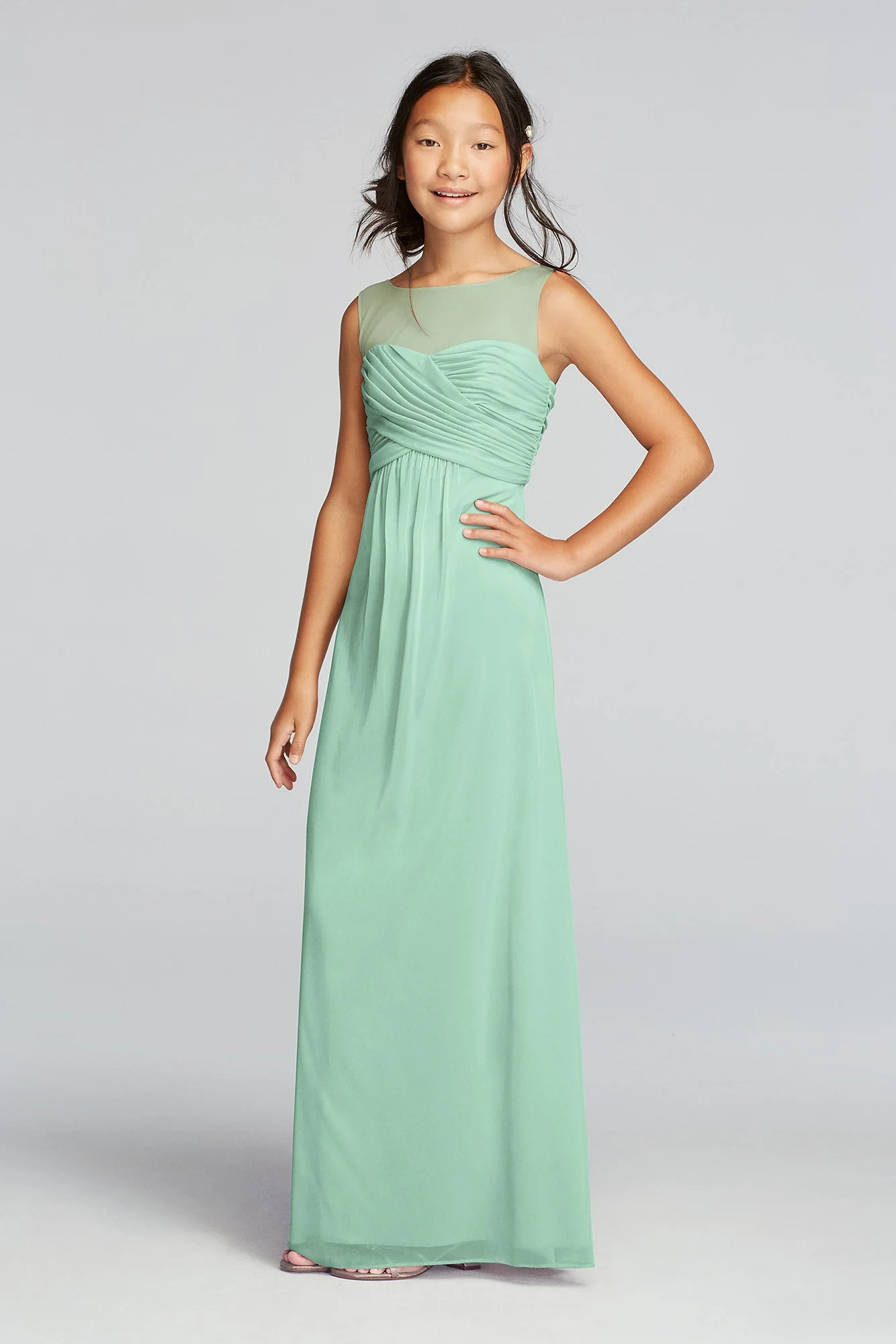 Long Mesh Dress with Illusion Tank Ruched Bodice - Image 48