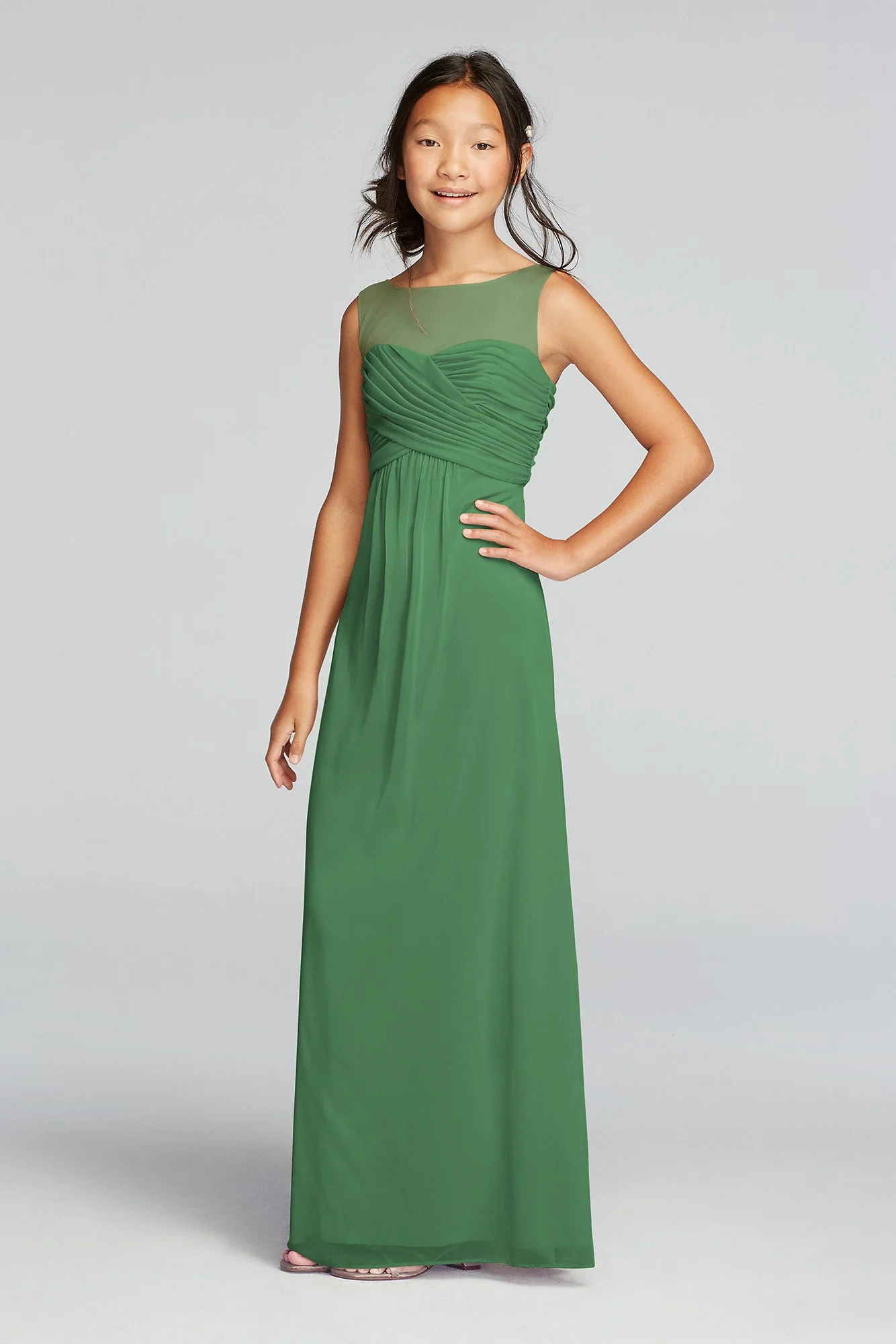 Long Mesh Dress with Illusion Tank Ruched Bodice - Image 54