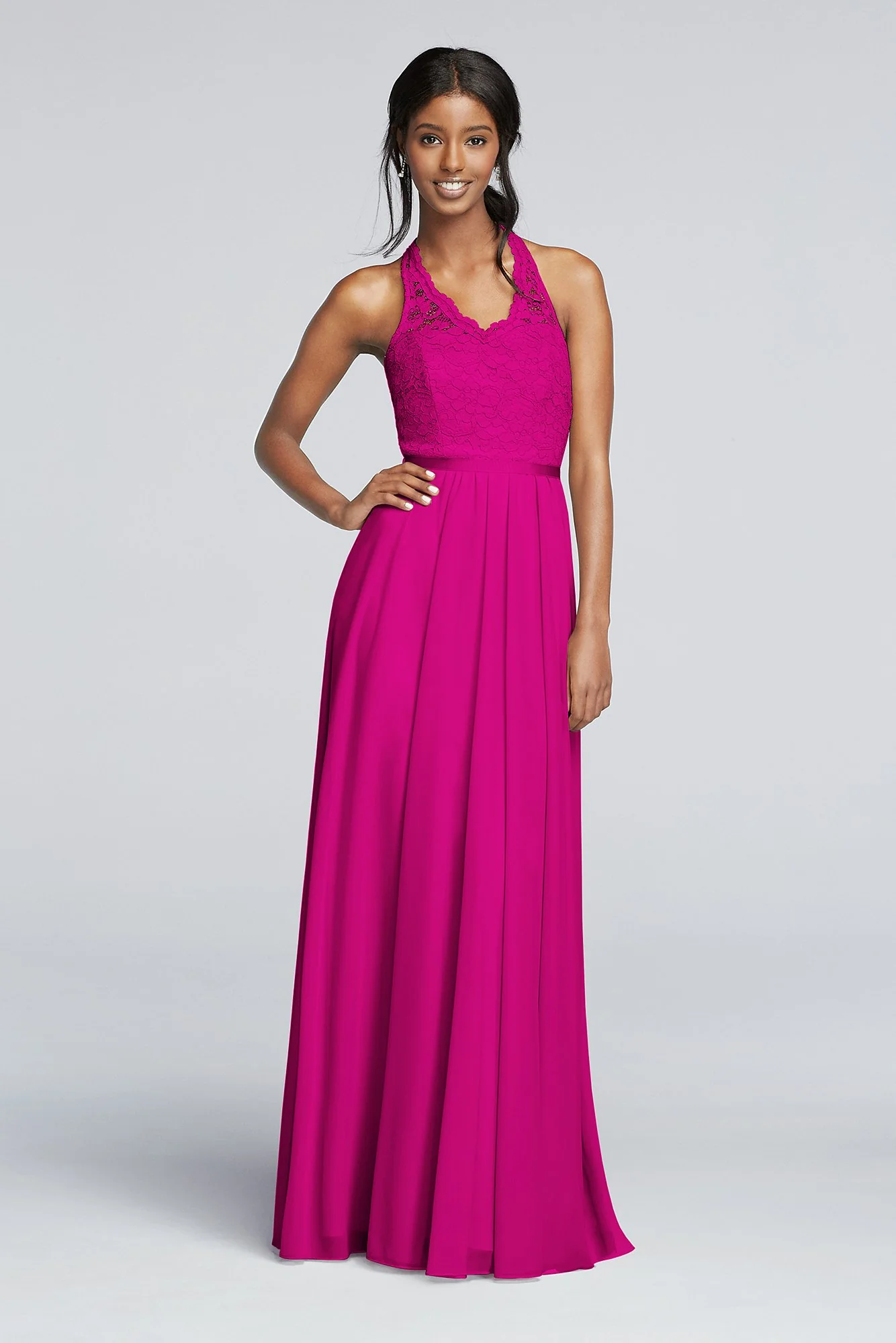 Long Mesh Dress with Lace Halter Bodice - Image 28