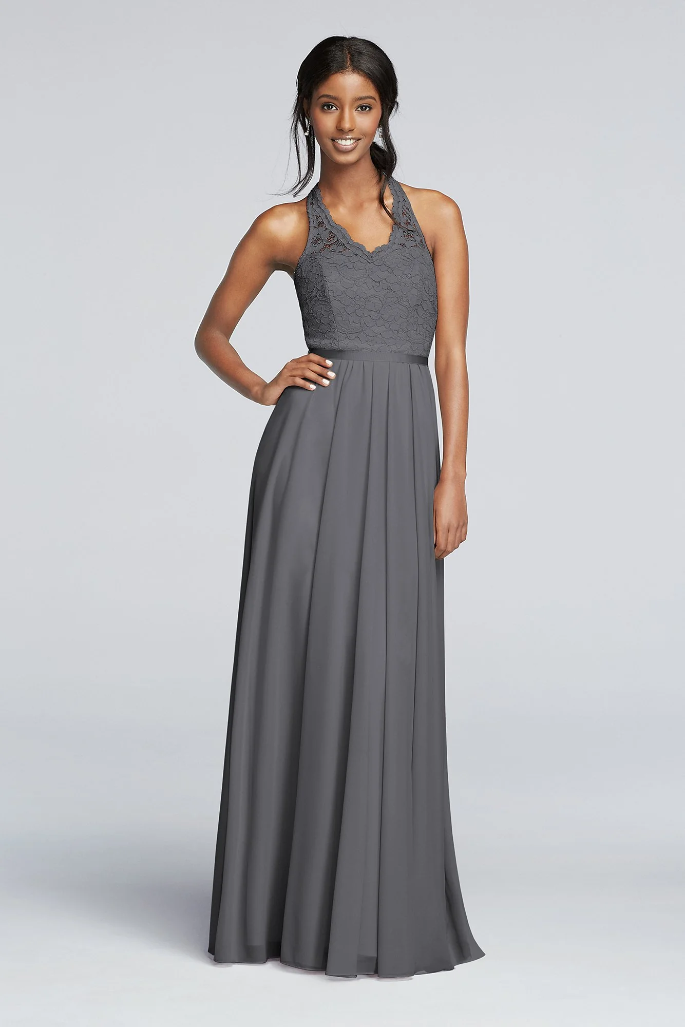 Long Mesh Dress with Lace Halter Bodice - Image 36