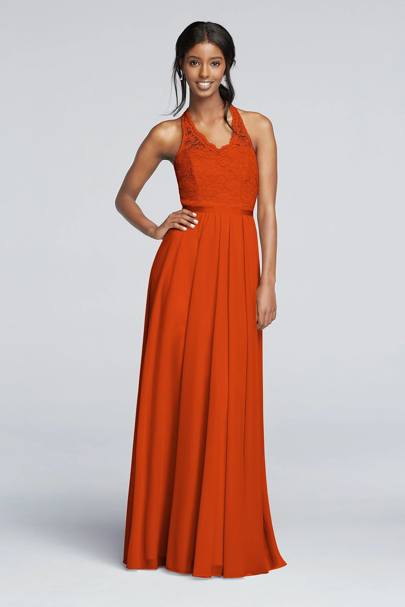 Long Mesh Dress with Lace Halter Bodice - Image 40