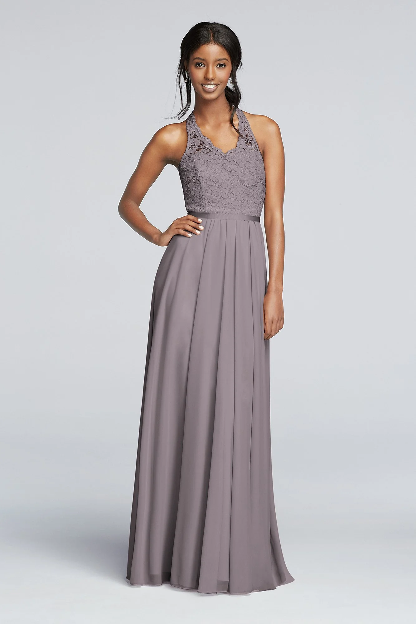 Long Mesh Dress with Lace Halter Bodice - Image 51
