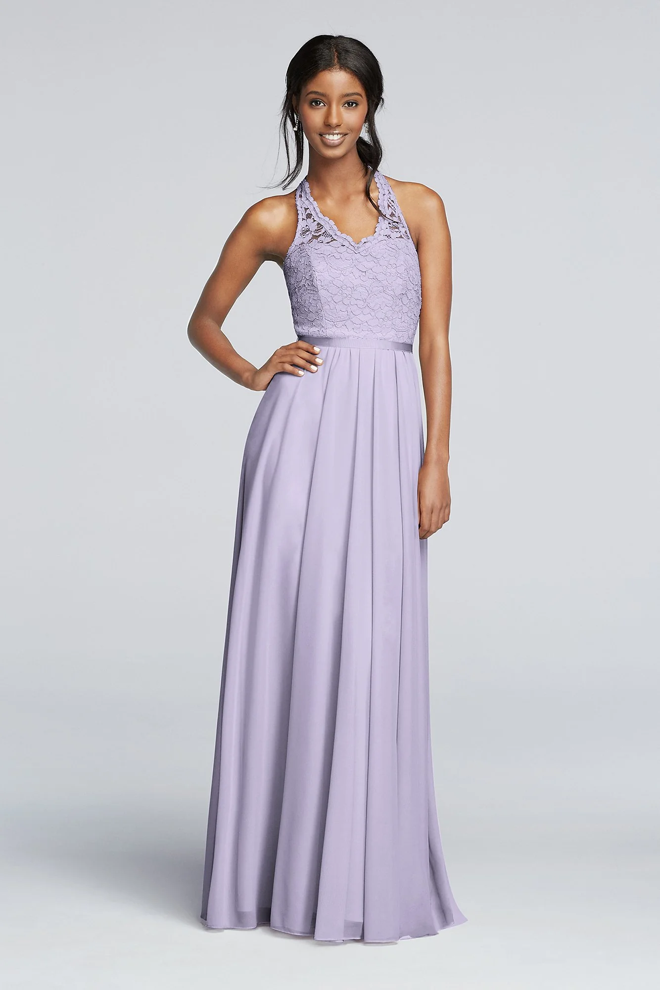 Long Mesh Dress with Lace Halter Bodice - Image 56