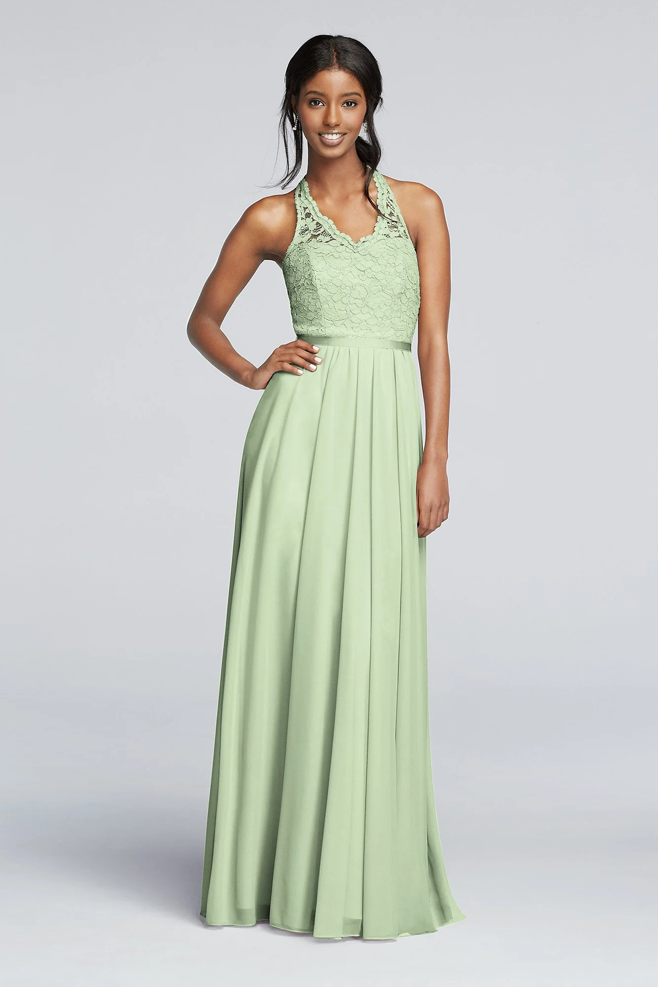 Long Mesh Dress with Lace Halter Bodice - Image 63