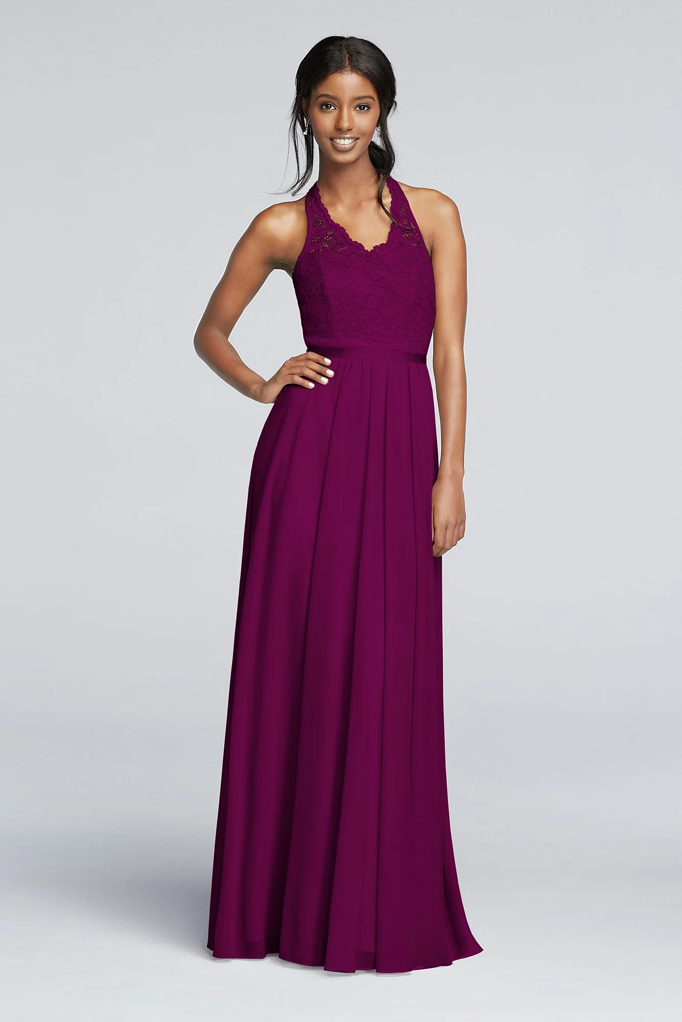 Long Mesh Dress with Lace Halter Bodice - Image 73