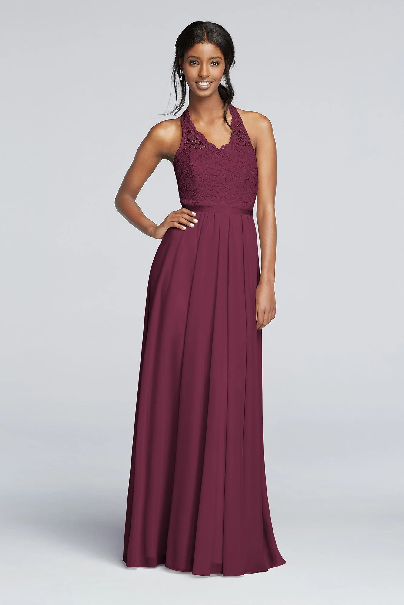 Long Mesh Dress with Lace Halter Bodice - Image 88