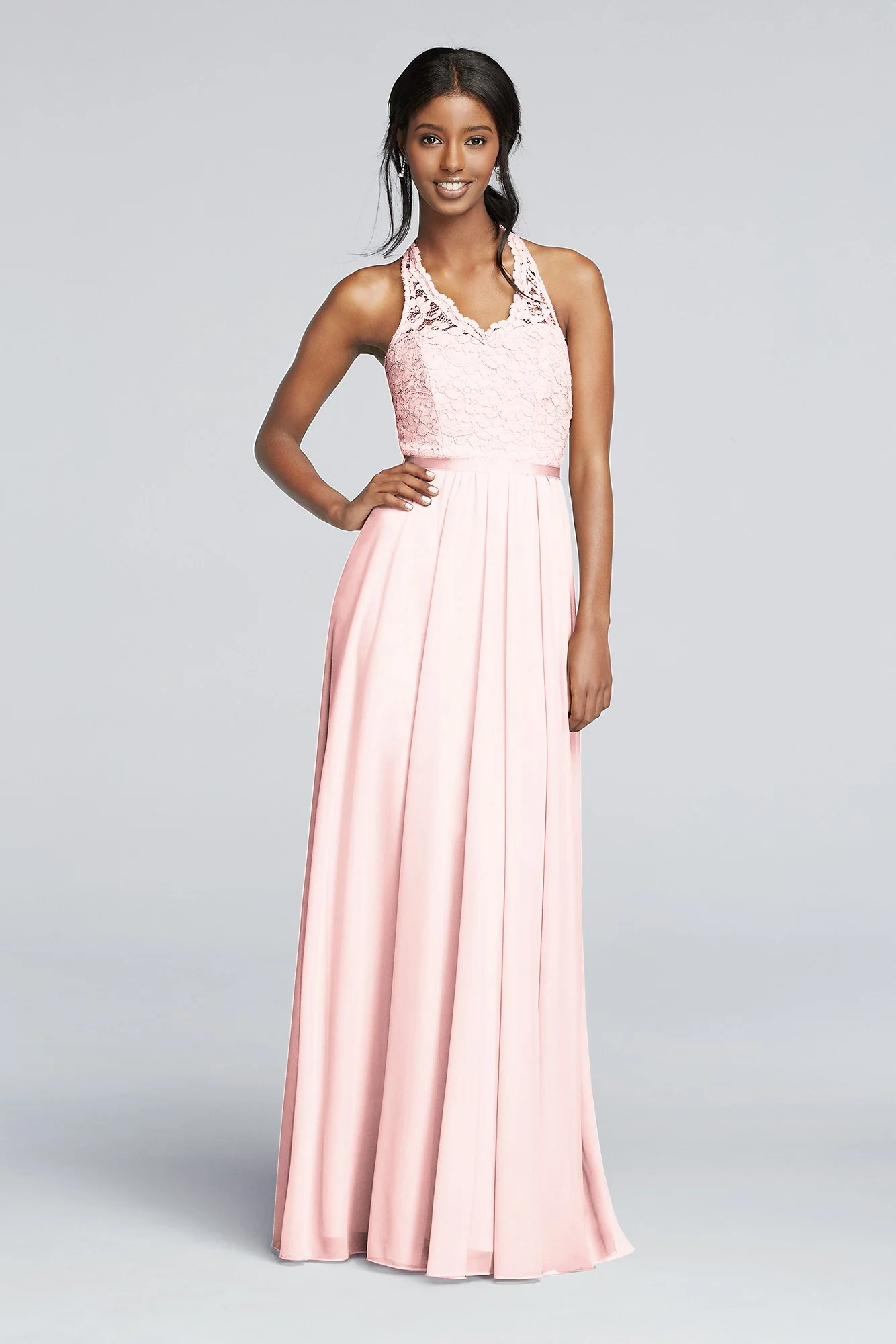 Long Mesh Dress with Lace Halter Bodice - Image 90