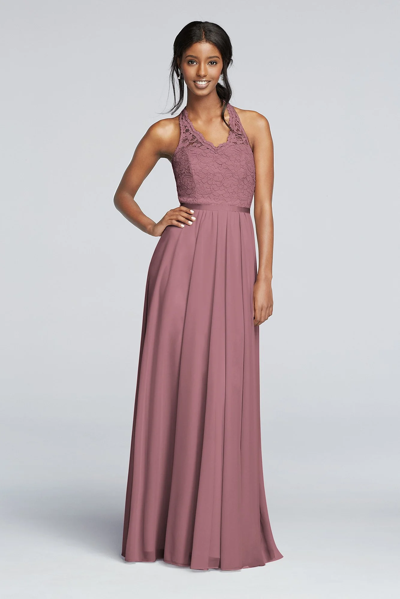 Long Mesh Dress with Lace Halter Bodice - Image 93