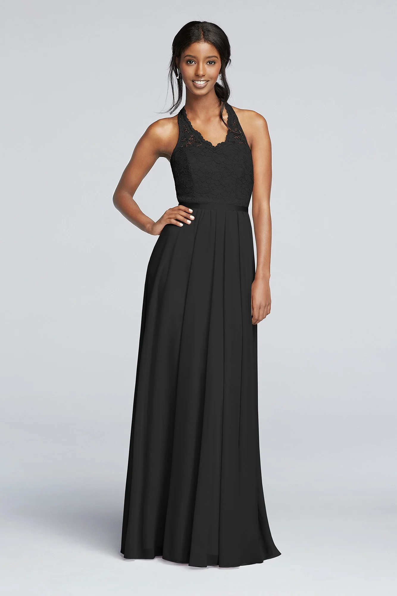 Long Mesh Dress with Lace Halter Bodice - Image 95