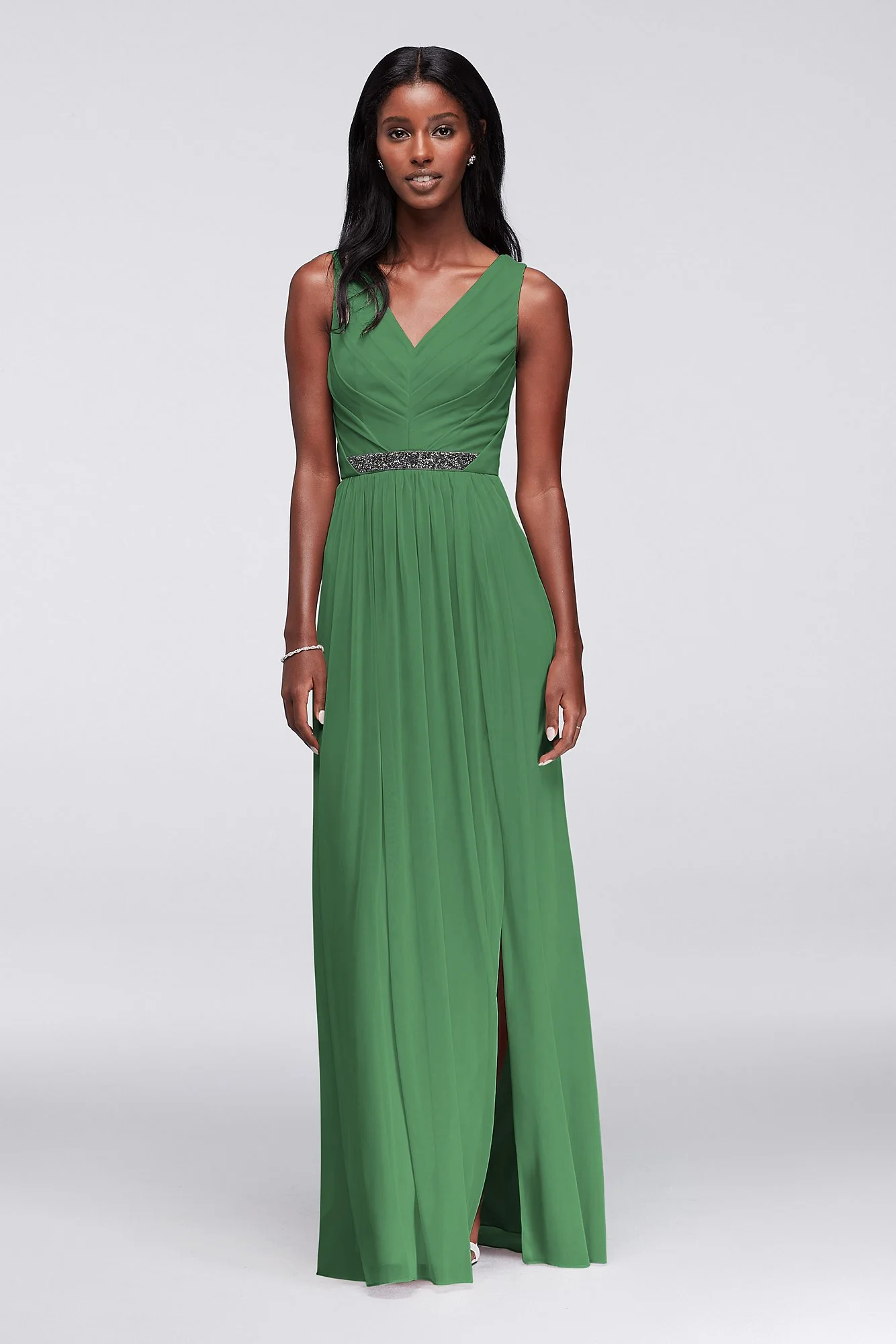Long Mesh Dress with V-Neck and Beaded Waistband - Image 103