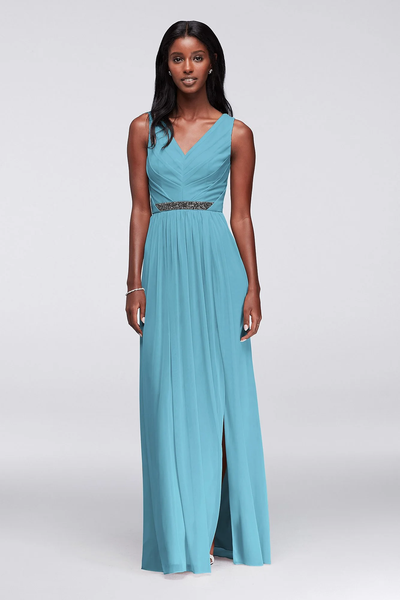 Long Mesh Dress with V-Neck and Beaded Waistband - Image 106