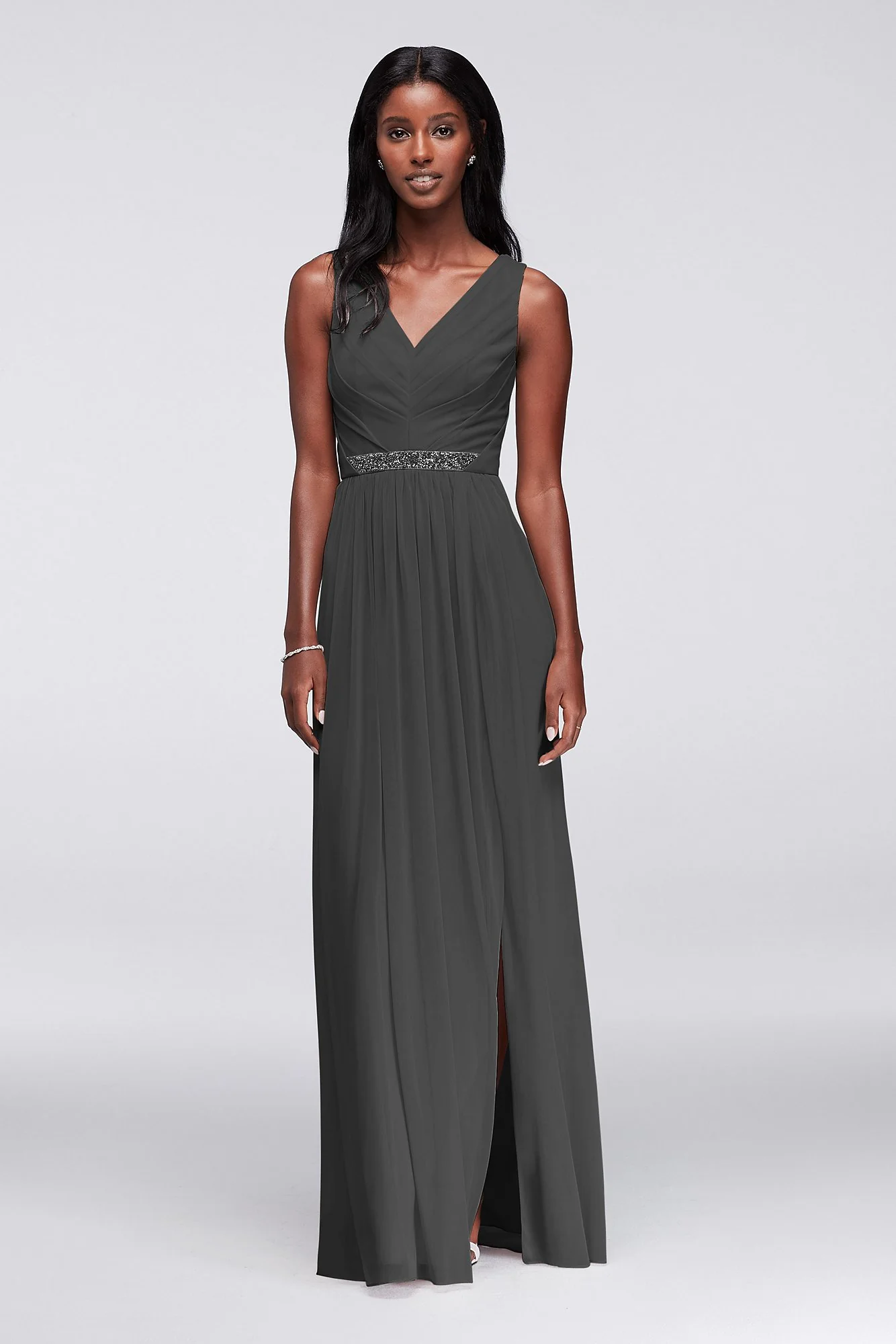 Long Mesh Dress with V-Neck and Beaded Waistband - Image 11