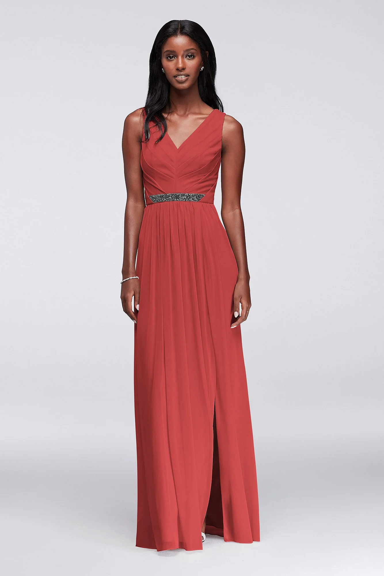 Long Mesh Dress with V-Neck and Beaded Waistband - Image 12
