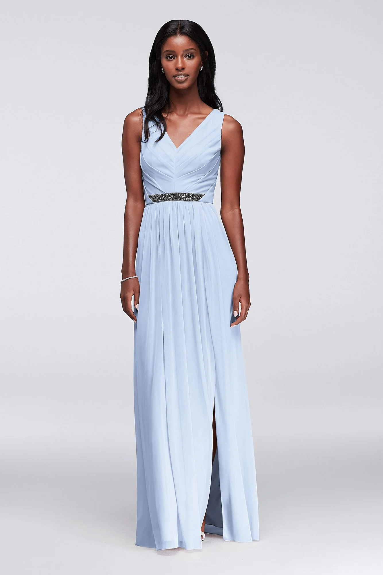Long Mesh Dress with V-Neck and Beaded Waistband - Image 14