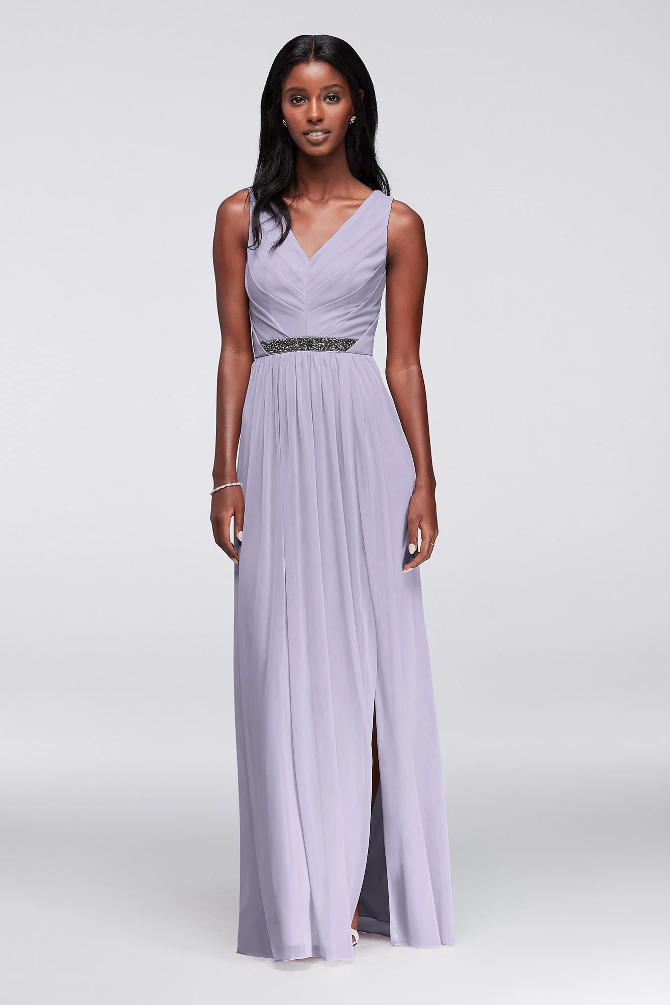 Long Mesh Dress with V-Neck and Beaded Waistband - Image 16