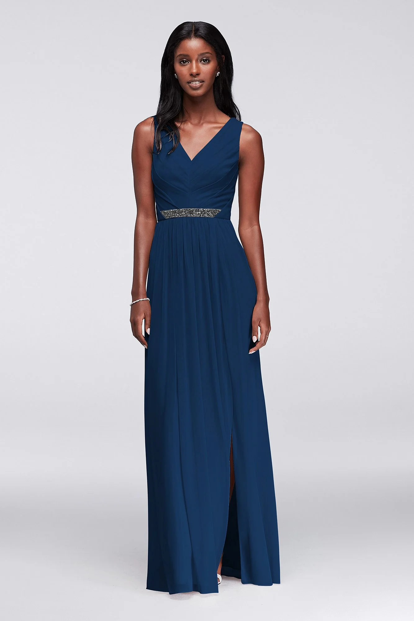 Long Mesh Dress with V-Neck and Beaded Waistband - Image 18