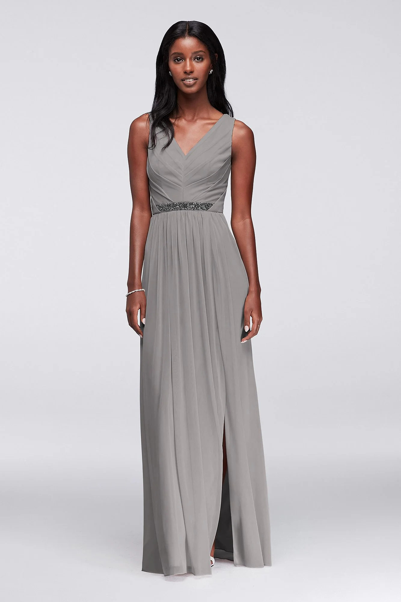 Long Mesh Dress with V-Neck and Beaded Waistband - Image 19