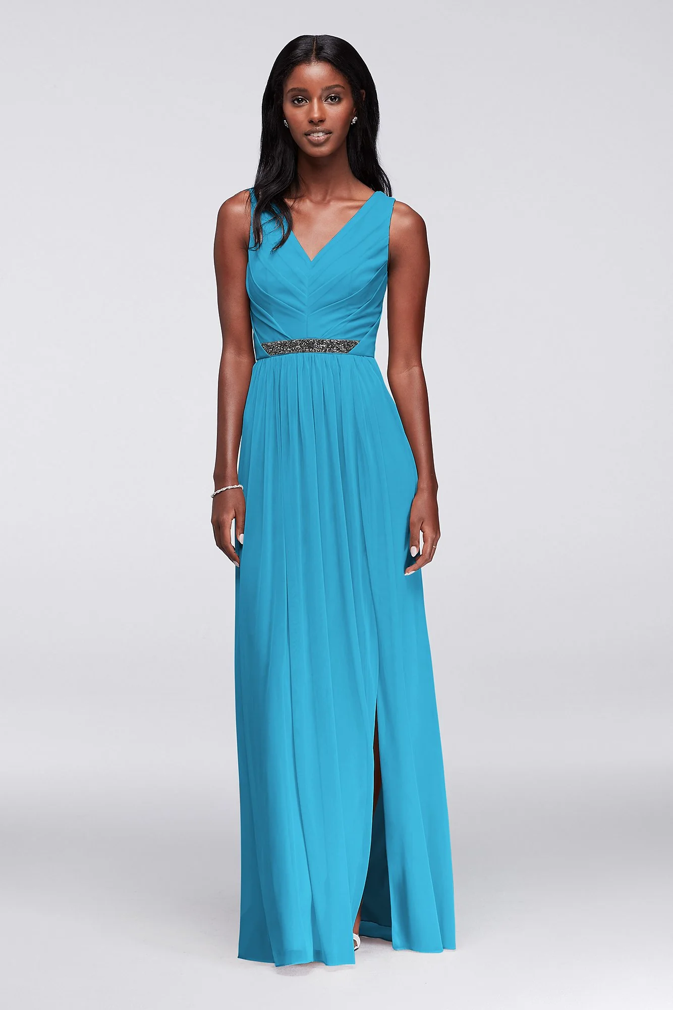 Long Mesh Dress with V-Neck and Beaded Waistband - Image 23